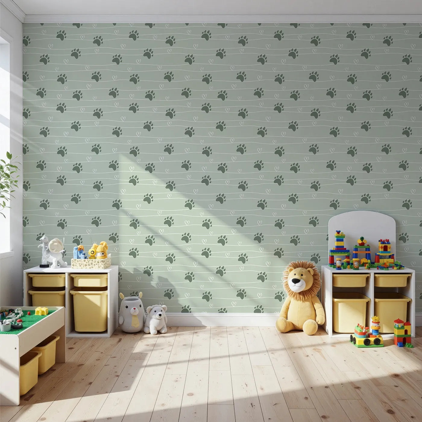 Front view of Whimsy Tots' Bear Hug Trail Wallpaper in Sage Green