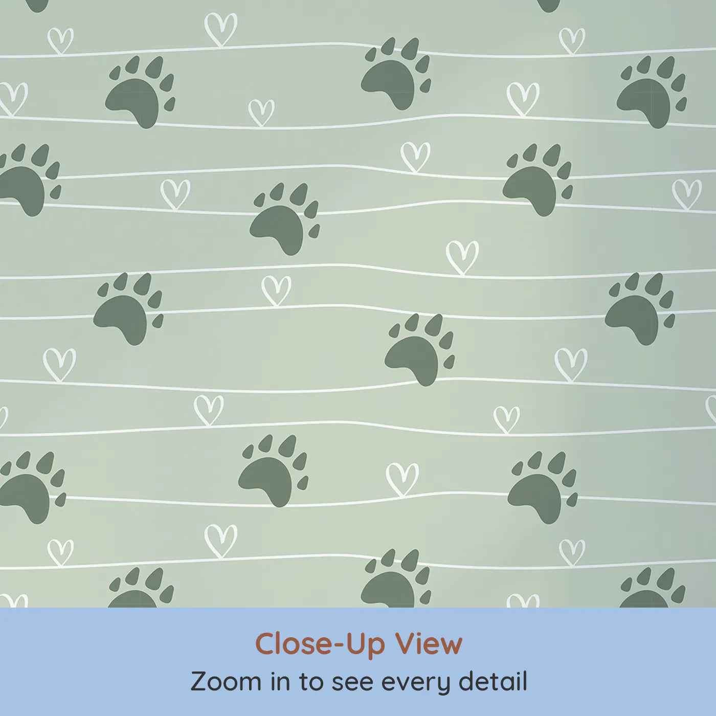 Close-up view of Whimsy Tots' Bear Hug Trail Wallpaper in Sage Green (W3493C).Bear paw prints and hearts wander softly over a tranquil sage green trail.