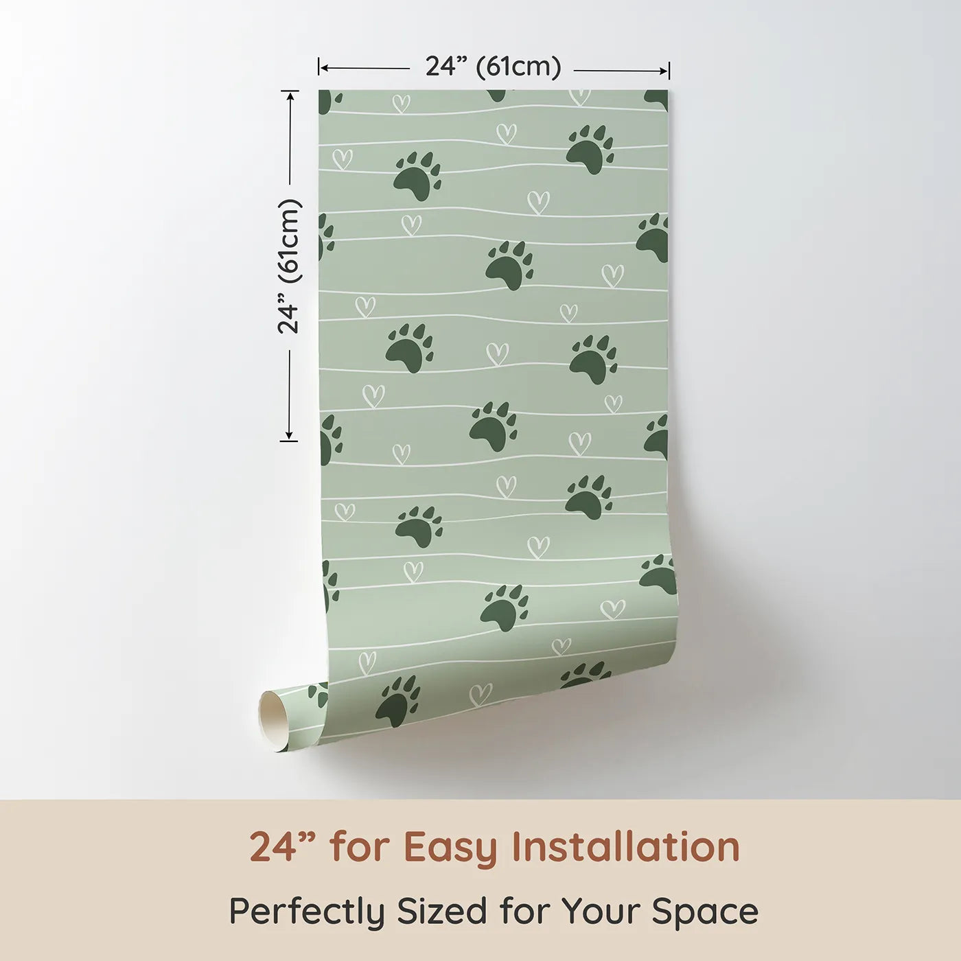 Dimension view of Whimsy Tots Bear Hug Trail Wallpaper in Sage Green (W3493C). Printed in 24-inch-wide panel for easy installation. Bear paw prints and hearts wander softly over a tranquil sage green trail.