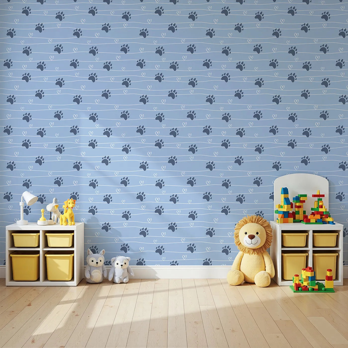 Angled view of Whimsy Tots' Bear Hug Trail Wallpaper in Sky Blue (W3493D).Dark bear tracks and white hearts dance across a sky-blue trail.