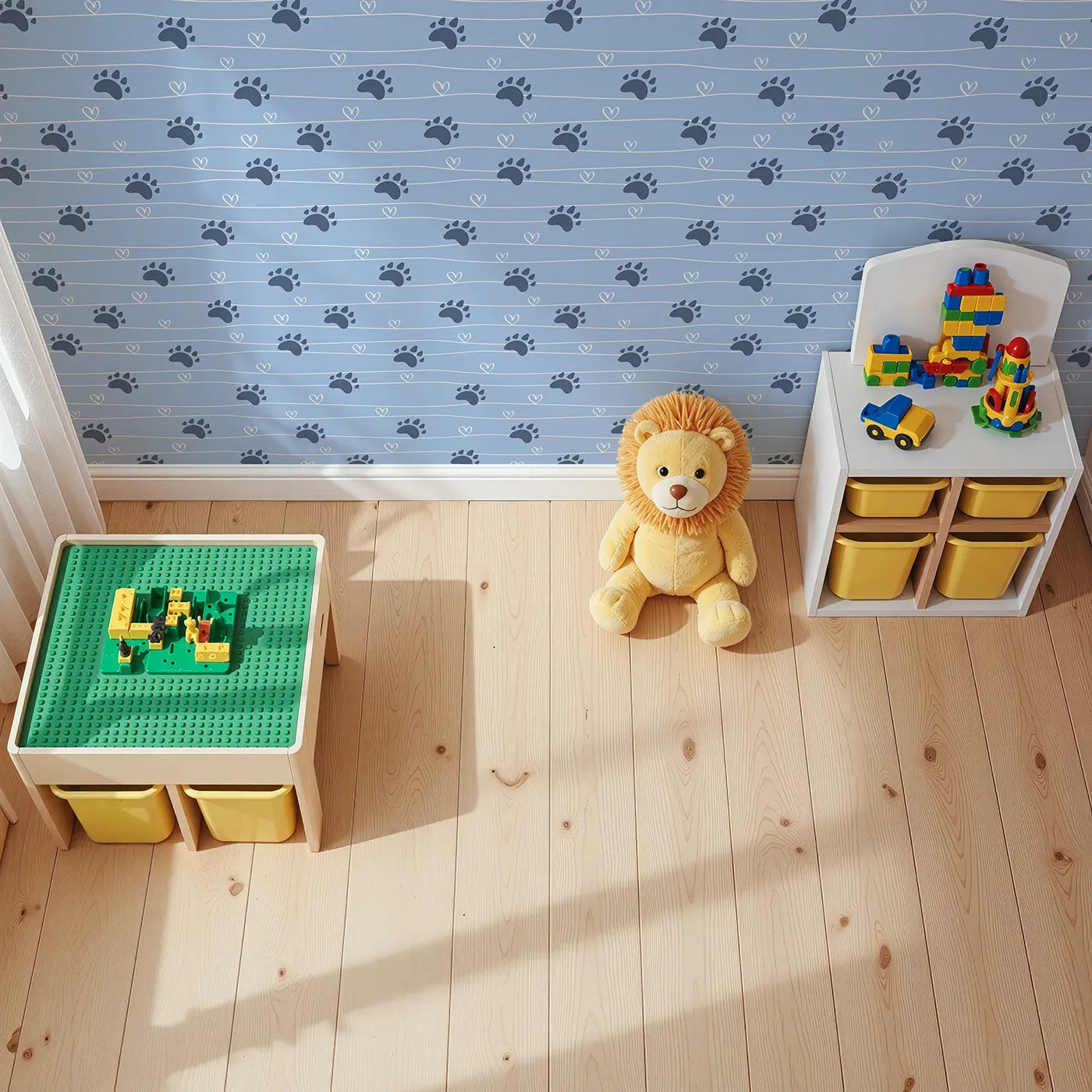 Top-Down view of Whimsy Tots' Bear Hug Trail Wallpaper in Sky Blue (W3493D).Dark bear tracks and white hearts dance across a sky-blue trail.