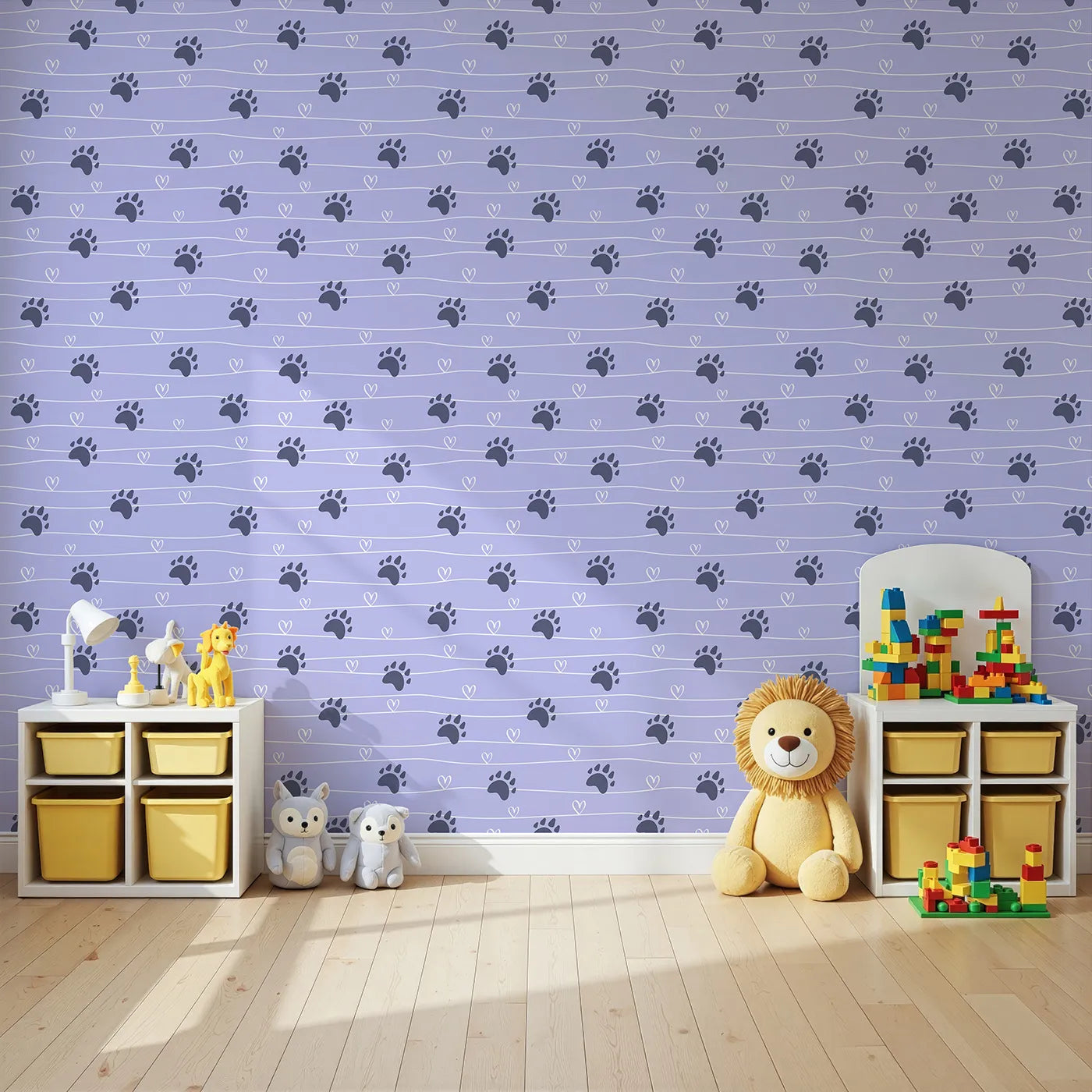 Angled view of Whimsy Tots' Bear Hug Trail Wallpaper in Lavender Mist (W3493E).Bear prints and hearts gently wander across a peaceful lavender sky.