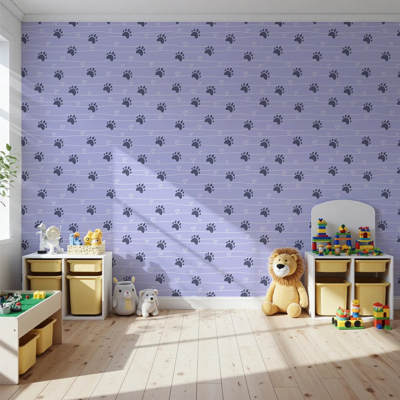 Front view of Whimsy Tots' Bear Hug Trail Wallpaper in Lavender Mist