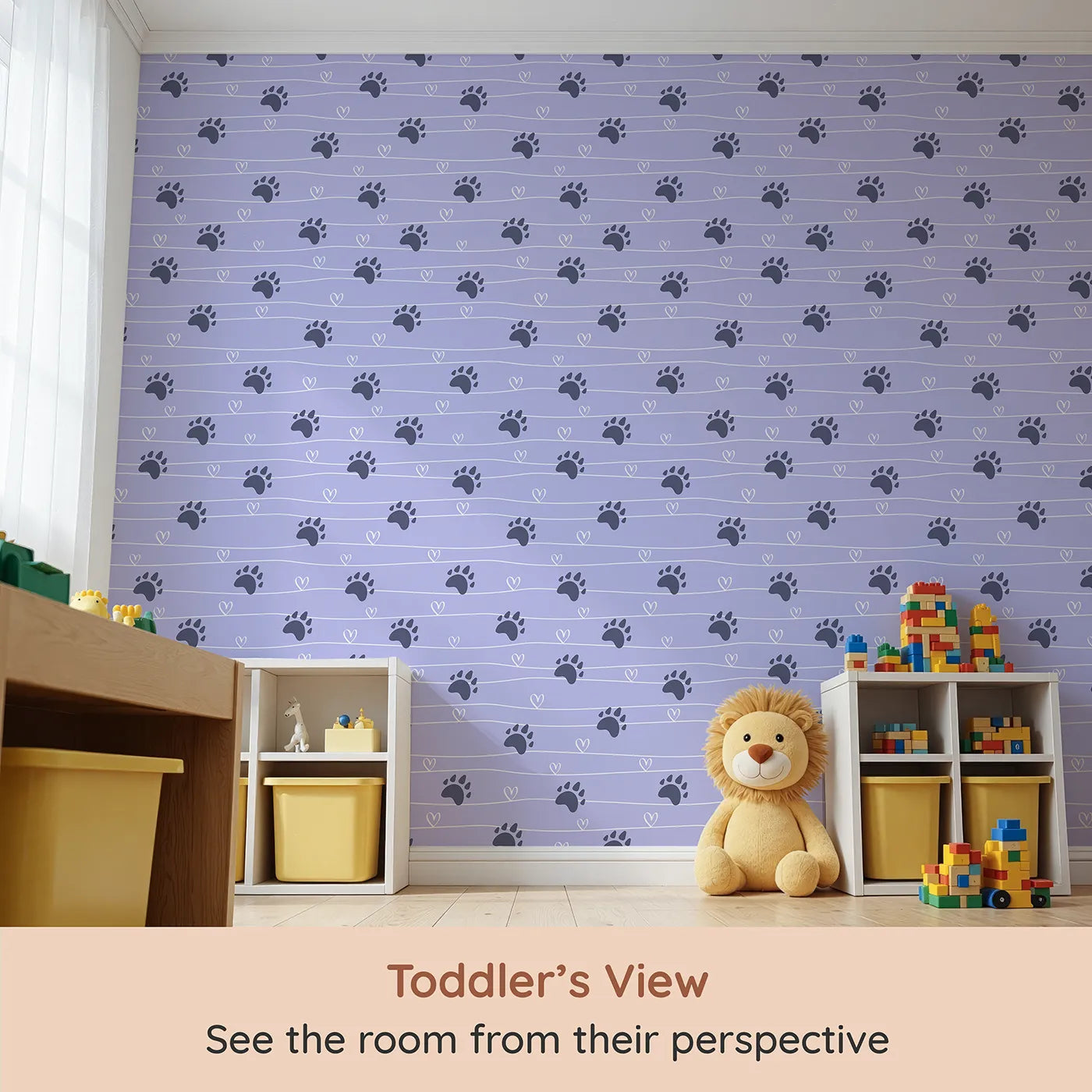 Whimsy Tots Bear Hug Trail Wallpaper in Lavender Mist (W3493E) from your child's view.Bear prints and hearts gently wander across a peaceful lavender sky.