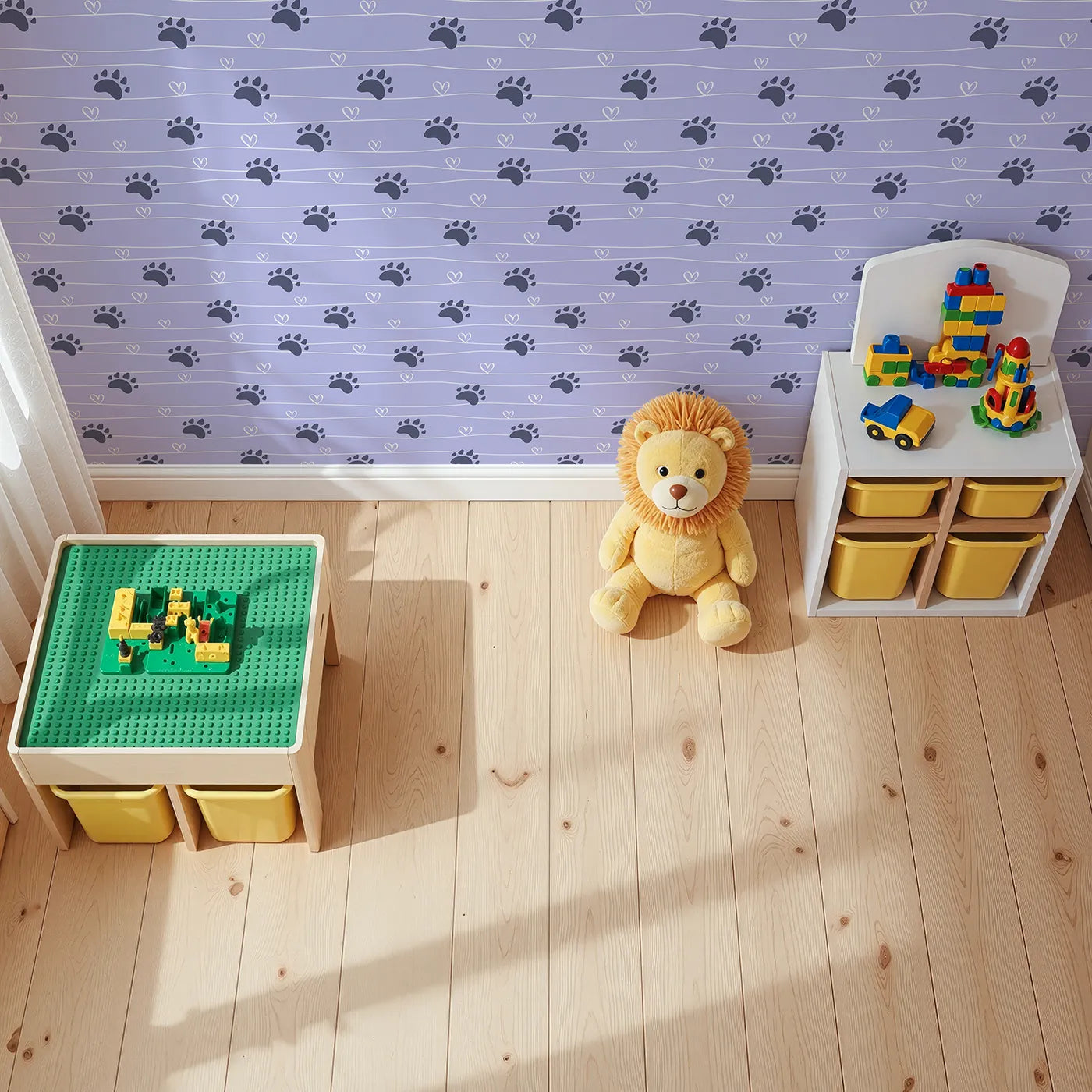 Top-Down view of Whimsy Tots' Bear Hug Trail Wallpaper in Lavender Mist (W3493E).Bear prints and hearts gently wander across a peaceful lavender sky.