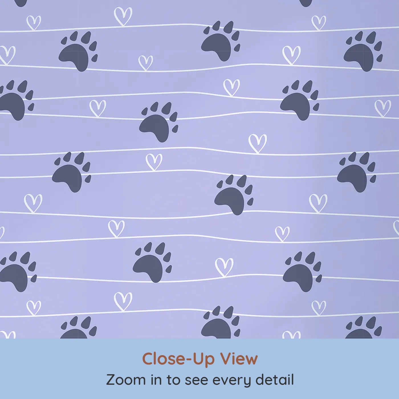 Close-up view of Whimsy Tots' Bear Hug Trail Wallpaper in Lavender Mist (W3493E).Bear prints and hearts gently wander across a peaceful lavender sky.
