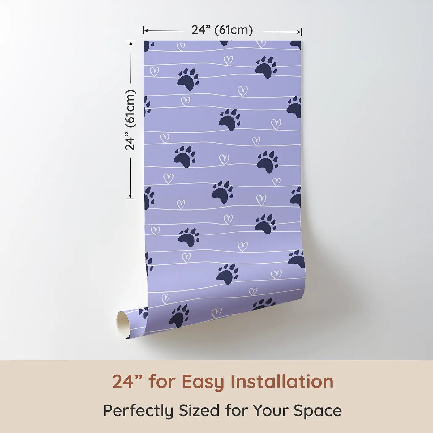 Dimension view of Whimsy Tots Bear Hug Trail Wallpaper in Lavender Mist (W3493E). Printed in 24-inch-wide panel for easy installation. Bear prints and hearts gently wander across a peaceful lavender sky.