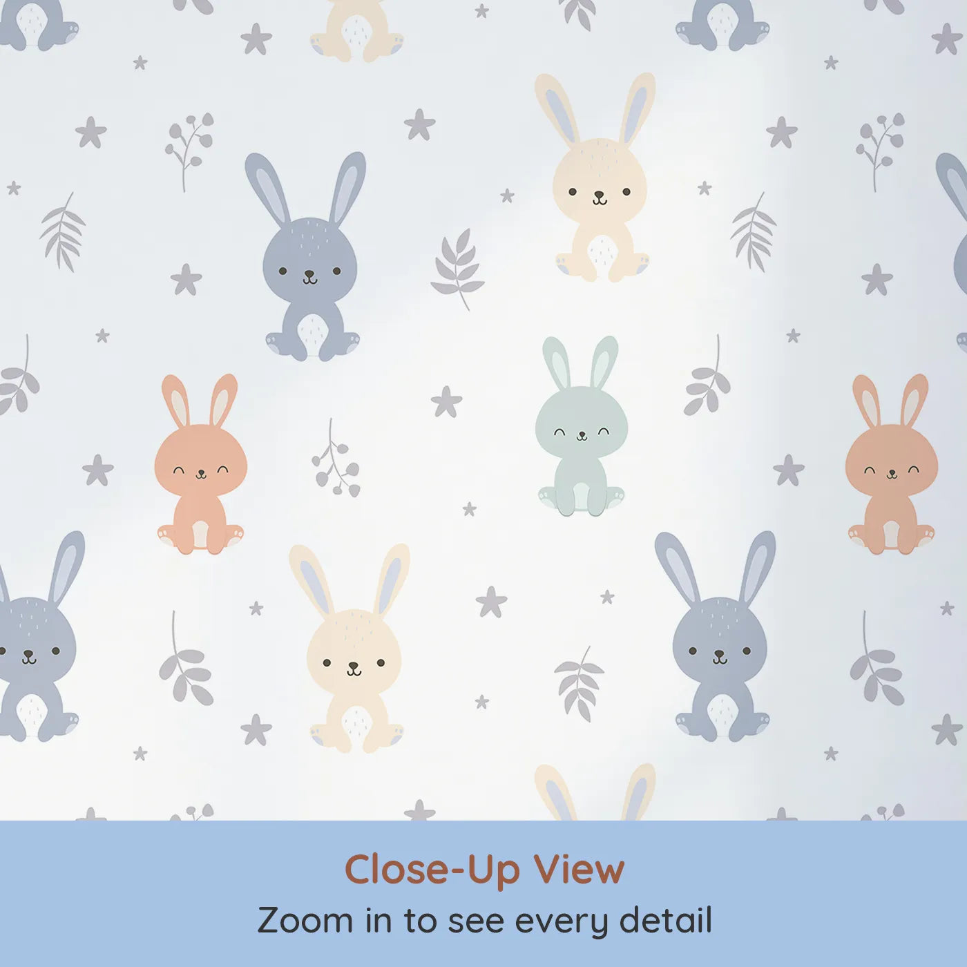 Close-up view of Whimsy Tots' Bunny Meadow Friends Wallpaper in Soft Neutrals (W3494).Happy bunnies sit among leaves, stars, and gentle smiles.