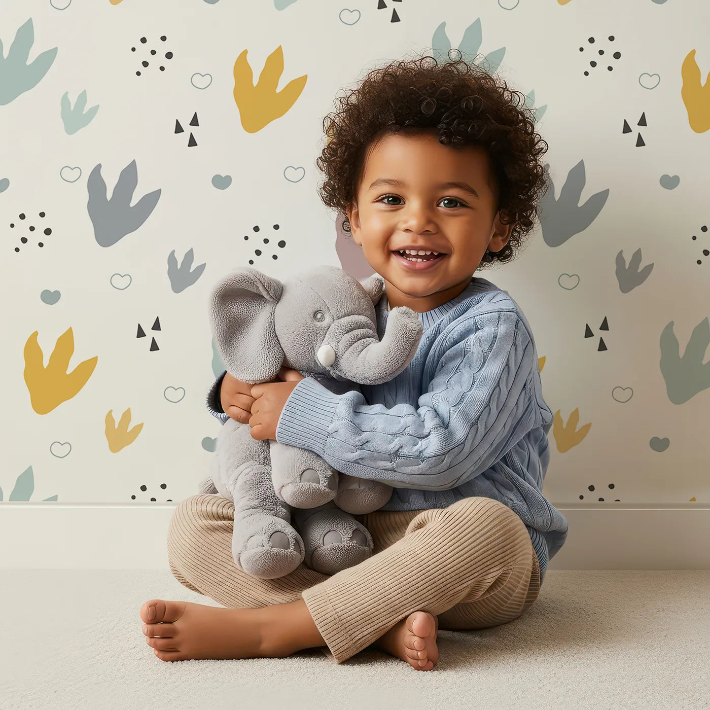 Lovely child standing in front of Whimsy Tots Dino Stomp Parade Wallpaper in Soft White with dinosaur, footprint, heart, dot, triangle in design.