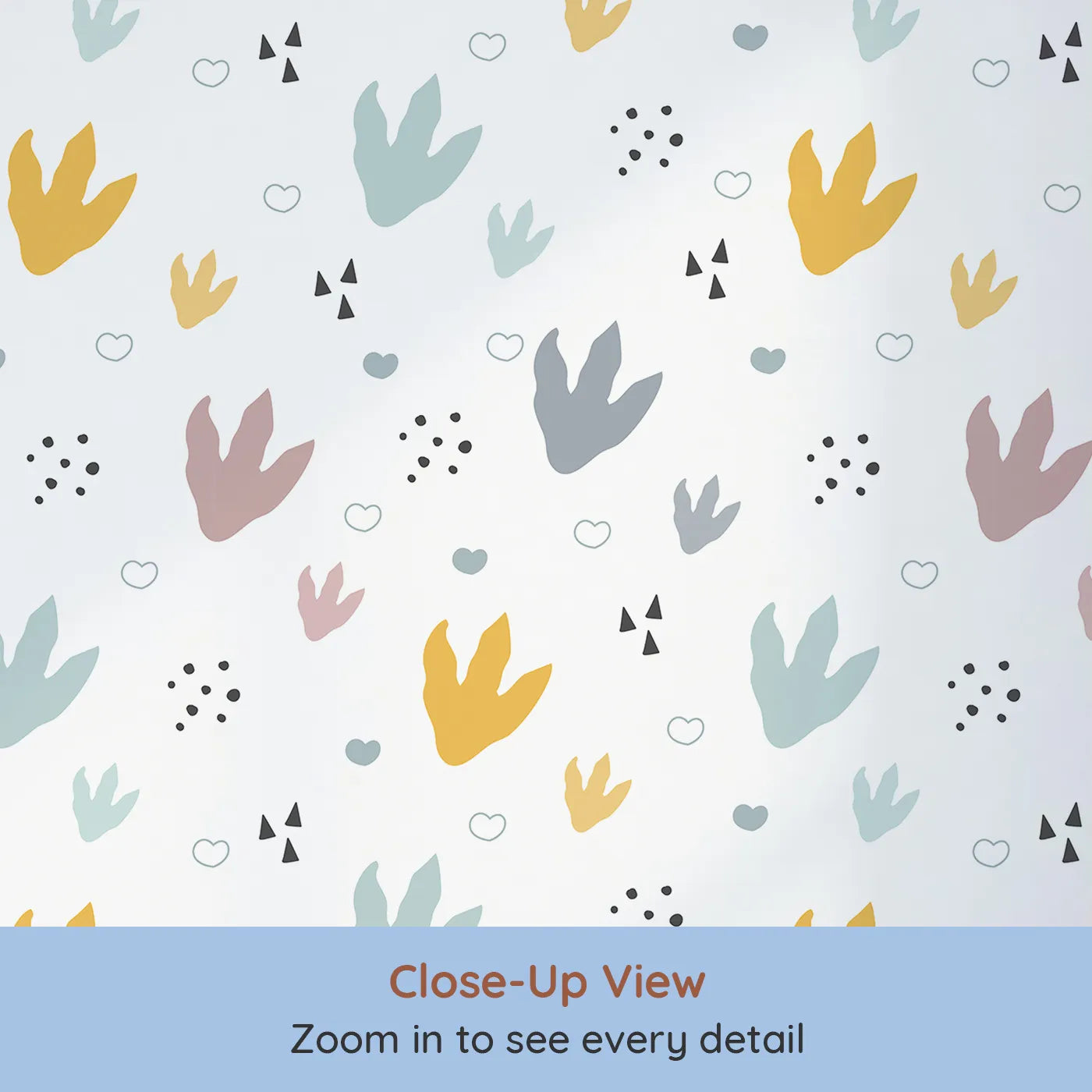 Close-up view of Whimsy Tots' Dino Stomp Parade Wallpaper in Soft White (W3495A).Playful dinosaur footprints march across a white canvas with joy.