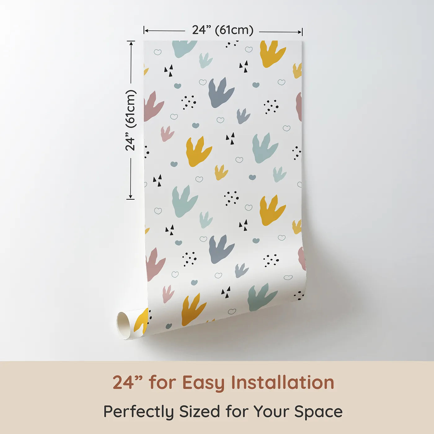 Dimension view of Whimsy Tots Dino Stomp Parade Wallpaper in Soft White (W3495A). Printed in 24-inch-wide panel for easy installation. Playful dinosaur footprints march across a white canvas with joy.