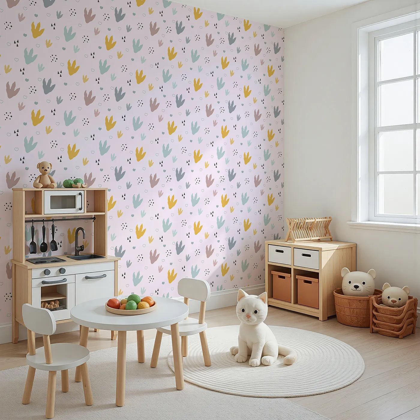 Angled view of Whimsy Tots' Dino Stomp Parade Wallpaper in Blush Pink (W3495B).Colorful dinosaur prints pop against a blush pink trail.