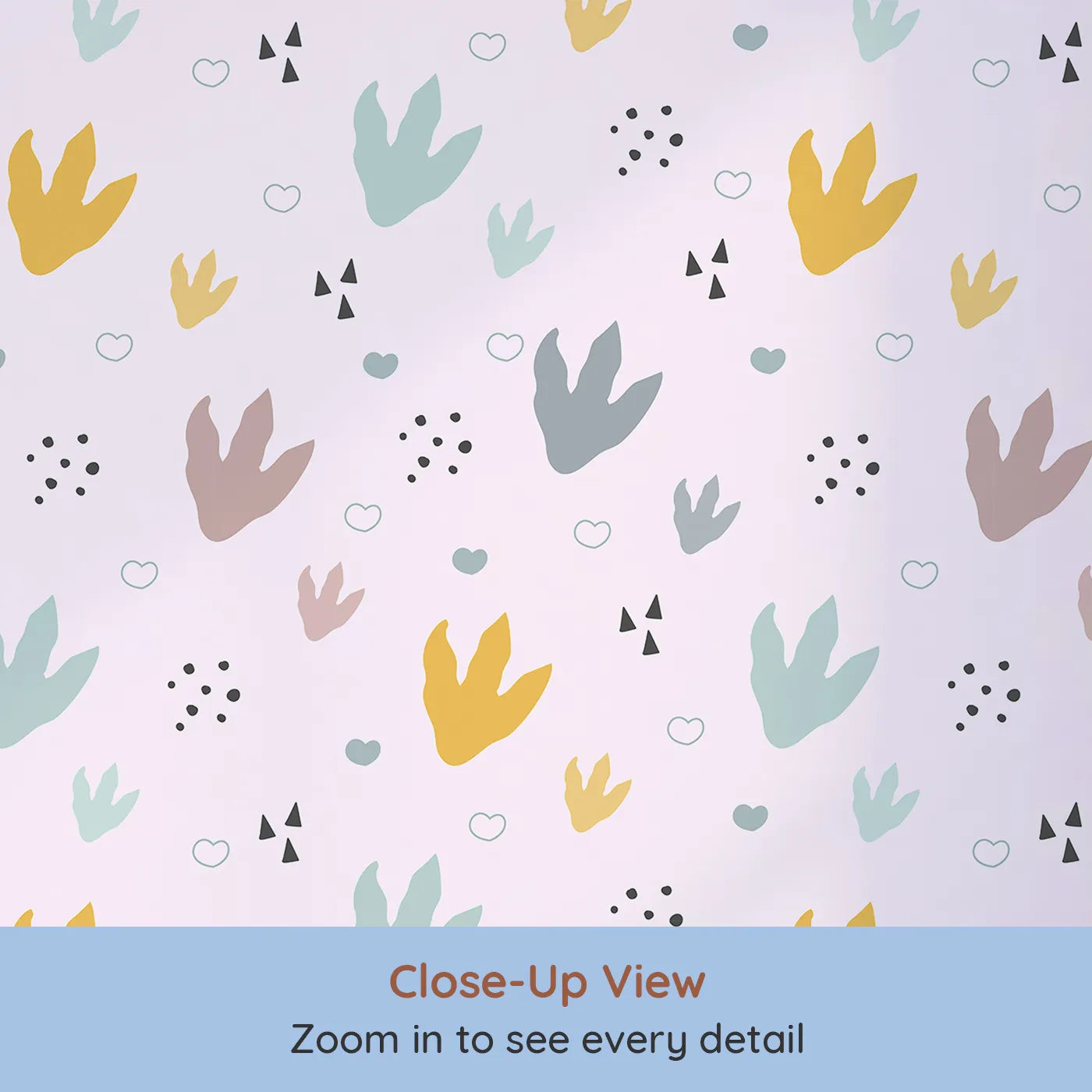 Close-up view of Whimsy Tots' Dino Stomp Parade Wallpaper in Blush Pink (W3495B).Colorful dinosaur prints pop against a blush pink trail.