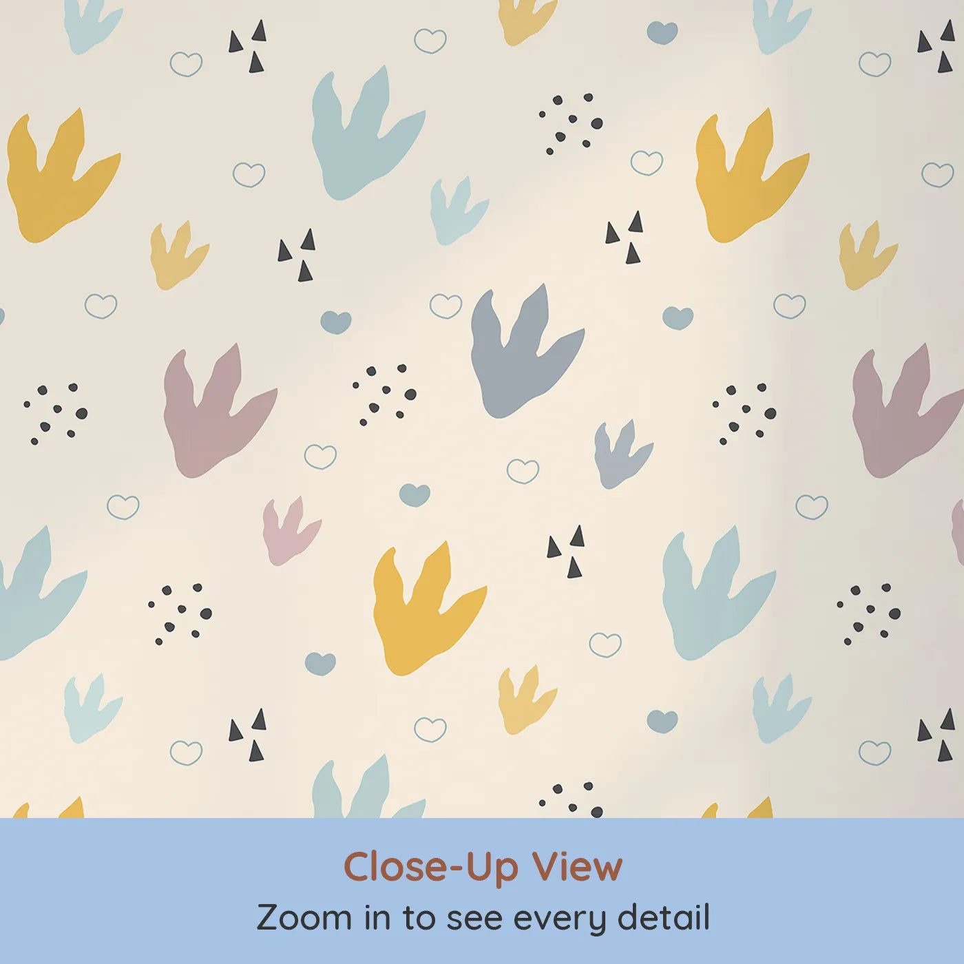 Close-up view of Whimsy Tots' Dino Stomp Parade Wallpaper in Soft Sandstone (W3495C).Cheerful dinosaur footprints pop across a warm sandstone path.