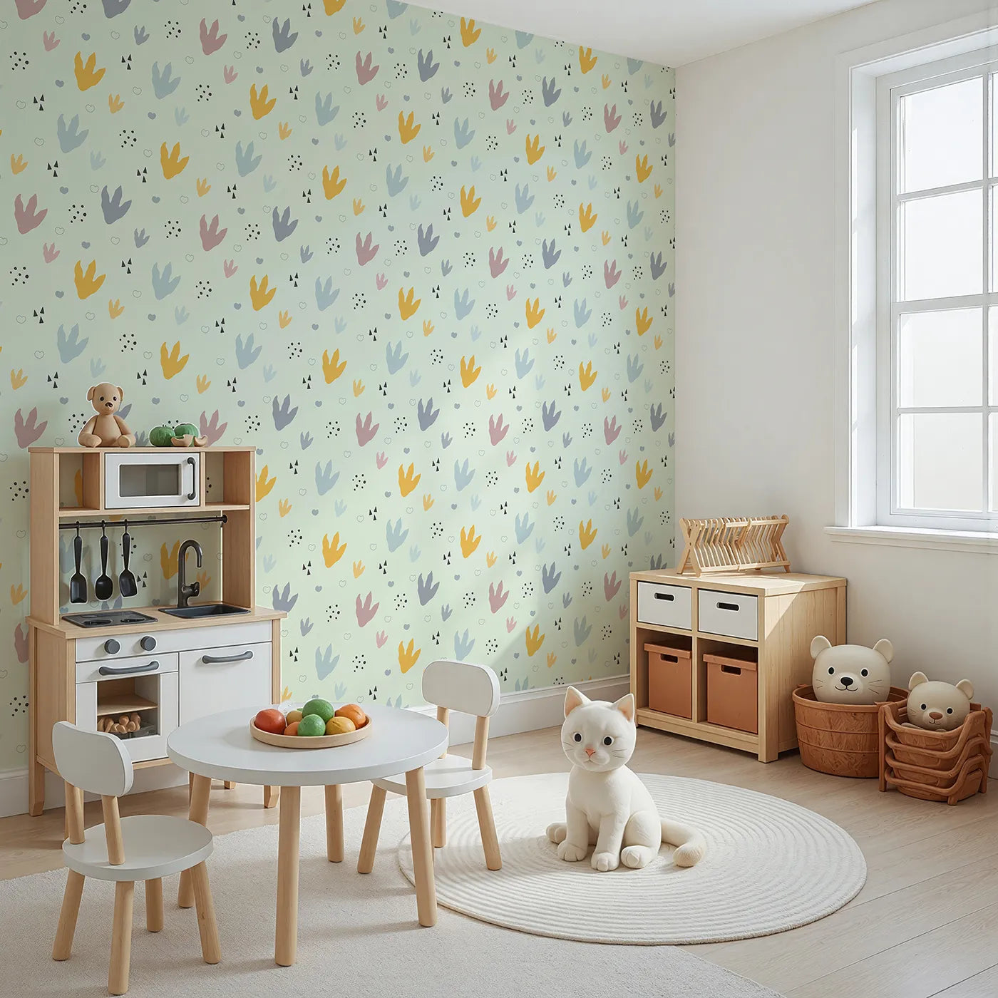 Angled view of Whimsy Tots' Dino Stomp Parade Wallpaper in Mint Green (W3495D).Soft dinosaur prints dance across a playful mint green backdrop.