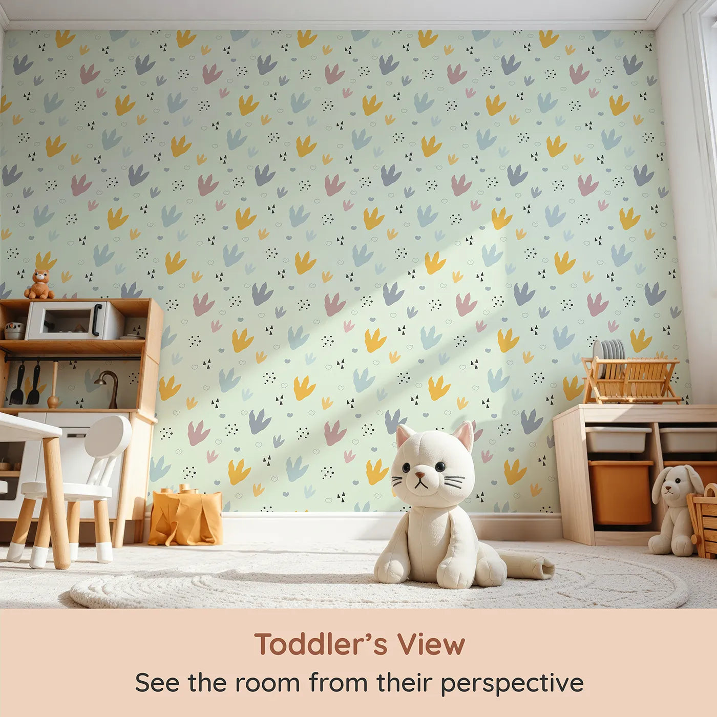 Whimsy Tots Dino Stomp Parade Wallpaper in Mint Green (W3495D) from your child's view.Soft dinosaur prints dance across a playful mint green backdrop.