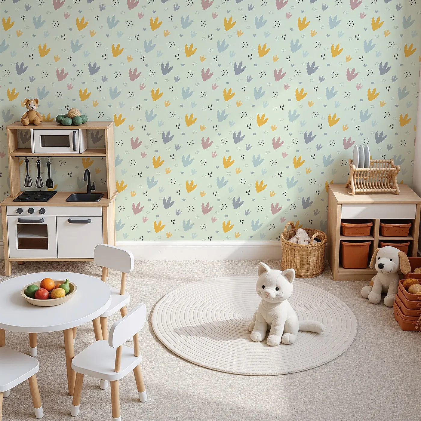 Top-Down view of Whimsy Tots' Dino Stomp Parade Wallpaper in Mint Green (W3495D).Soft dinosaur prints dance across a playful mint green backdrop.