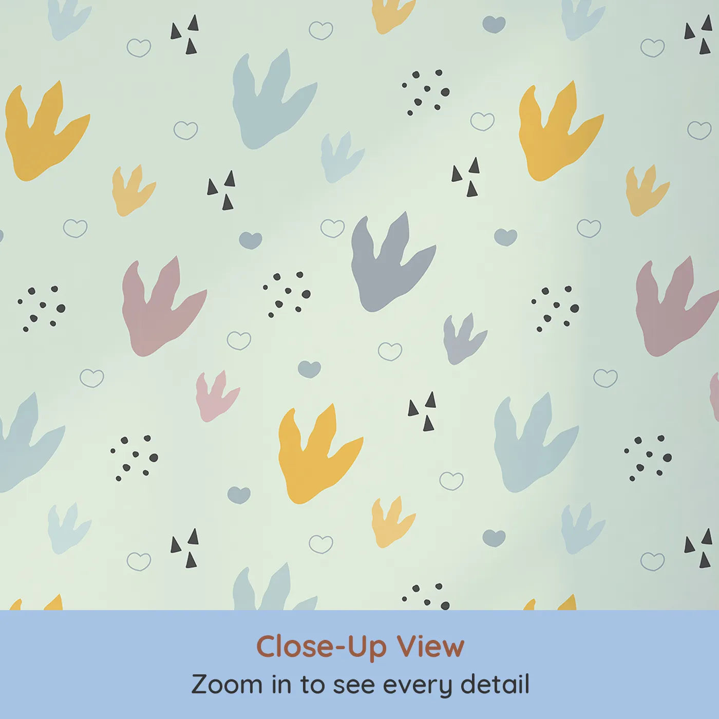 Close-up view of Whimsy Tots' Dino Stomp Parade Wallpaper in Mint Green (W3495D).Soft dinosaur prints dance across a playful mint green backdrop.