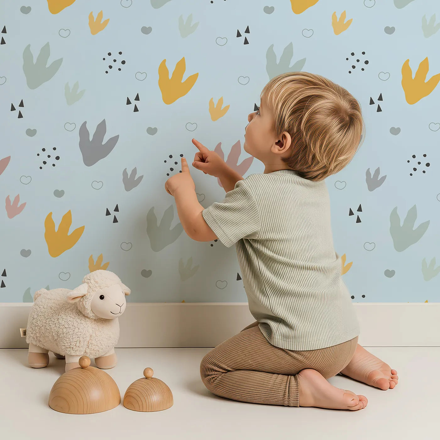 Lovely child standing in front of Whimsy Tots Dino Stomp Parade Wallpaper in Sky Blue with dinosaur, footprint, heart, dot, triangle in design.