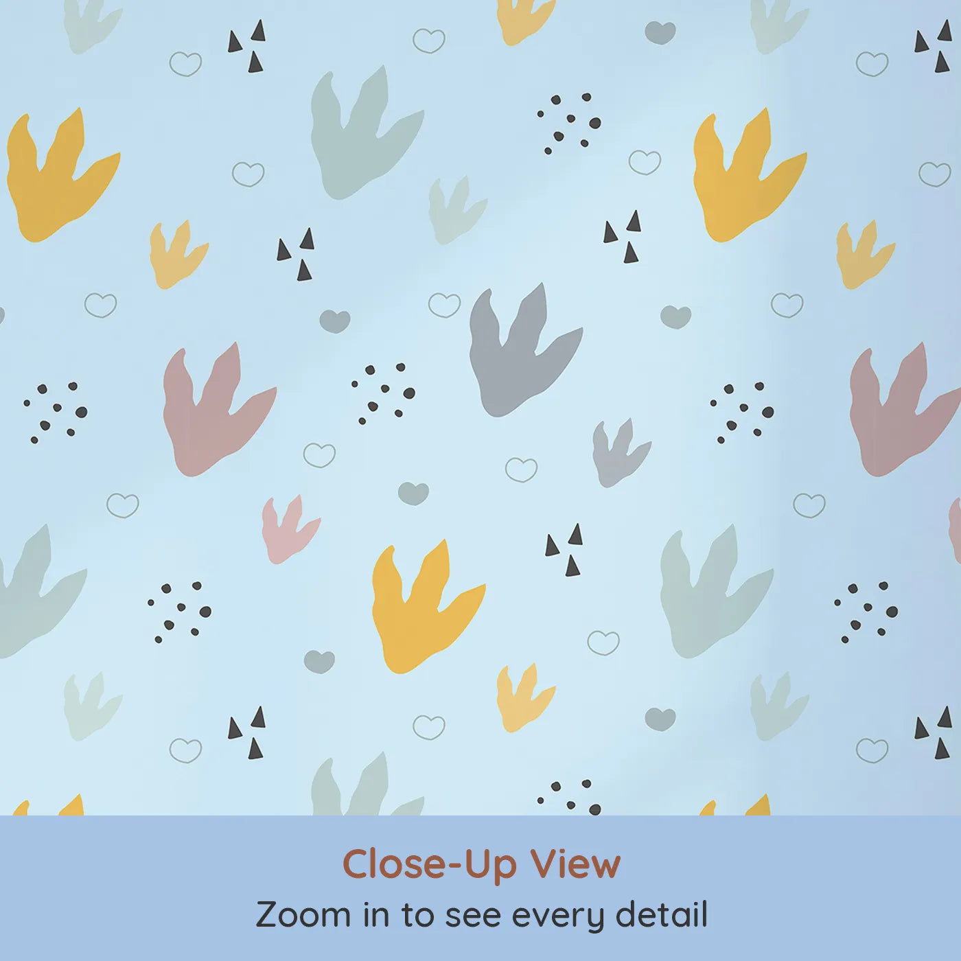 Close-up view of Whimsy Tots' Dino Stomp Parade Wallpaper in Sky Blue (W3495E).Colorful dinosaur tracks pop against a cheerful sky blue backdrop.