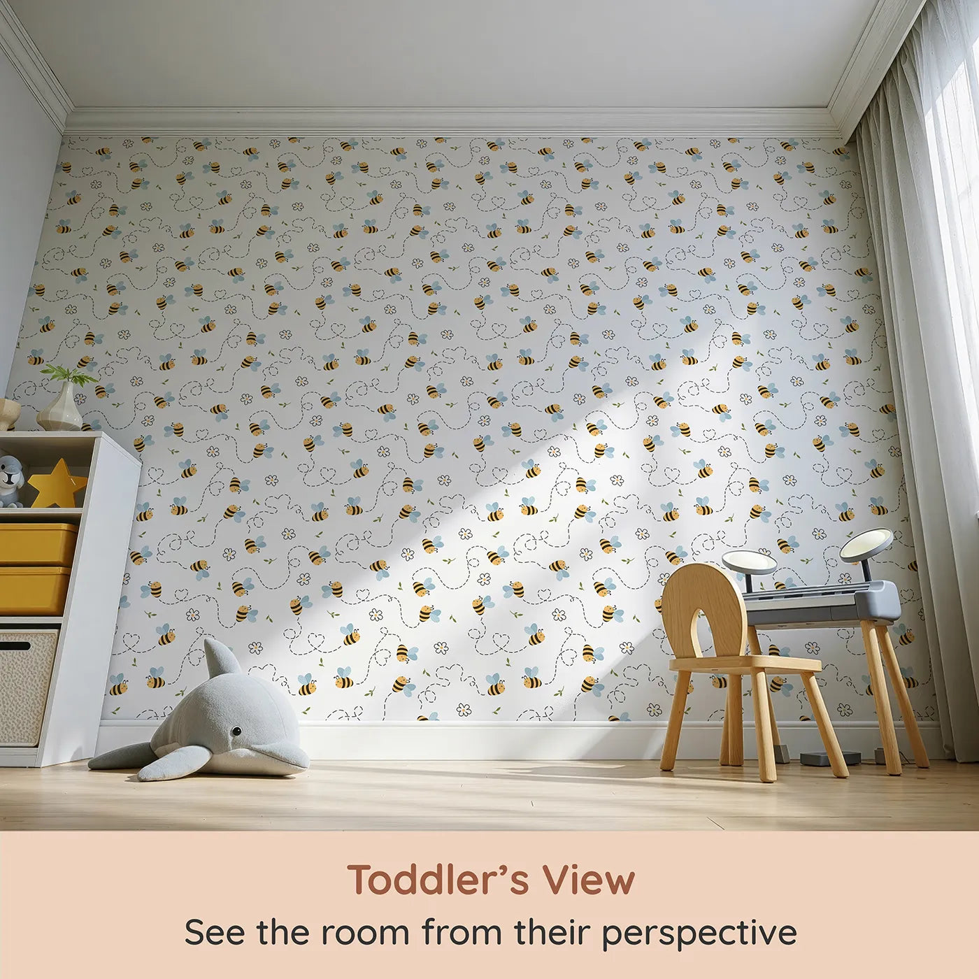 Whimsy Tots Busy Bee Trail Wallpaper in Bright White (W3497B) from your child's view.Playful bees zoom across a fresh white sky, leaving heart-shaped trails.