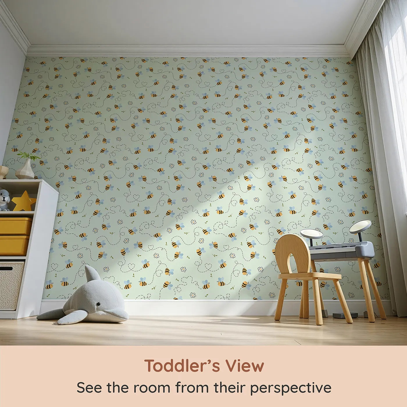 Whimsy Tots Busy Bee Trail Wallpaper in Mint Green (W3497C) from your child's view.Smiling bees dance through minty skies with flower trails and leafy cheer.