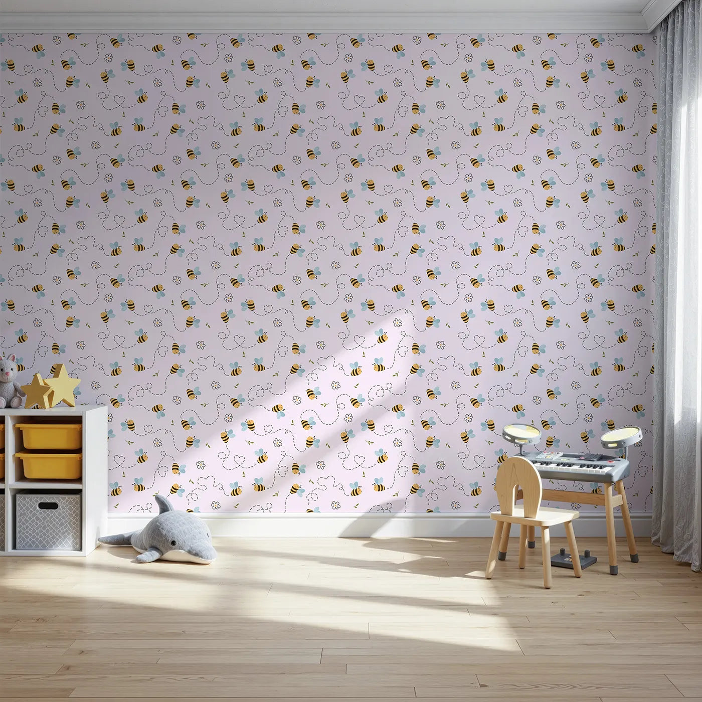 Front view of Whimsy Tots' Busy Bee Trail Wallpaper in Blush Pink