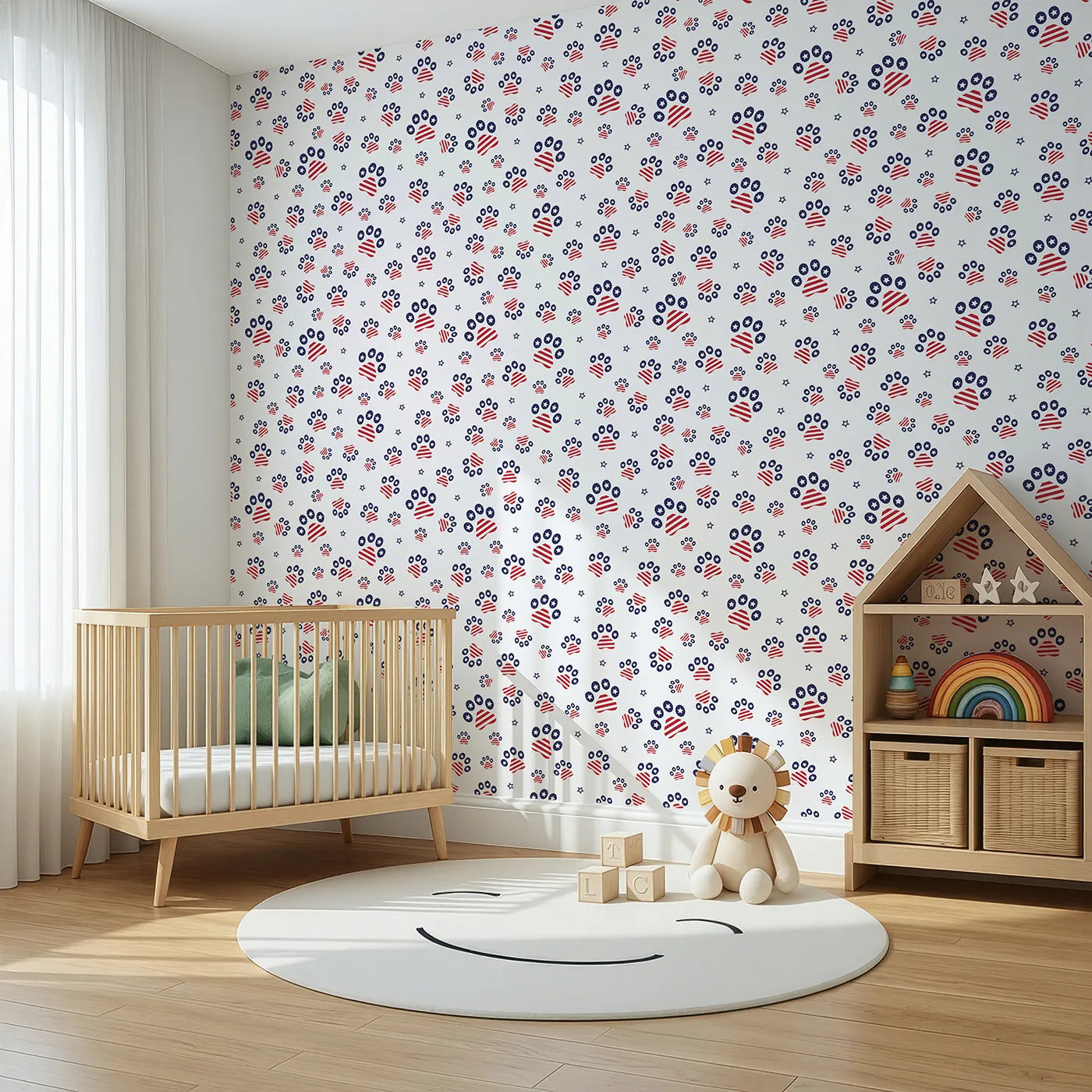 Angled view of Whimsy Tots' Patriotic Paws Parade Wallpaper (W3498).Red, white, and blue pawprints march across a cheerful sky of stars.