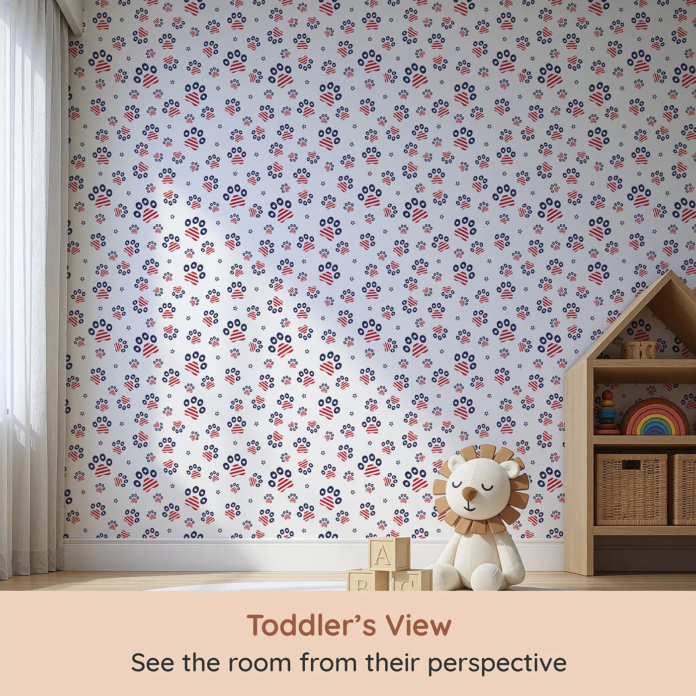 Whimsy Tots Patriotic Paws Parade Wallpaper (W3498) from your child's view.Red, white, and blue pawprints march across a cheerful sky of stars.