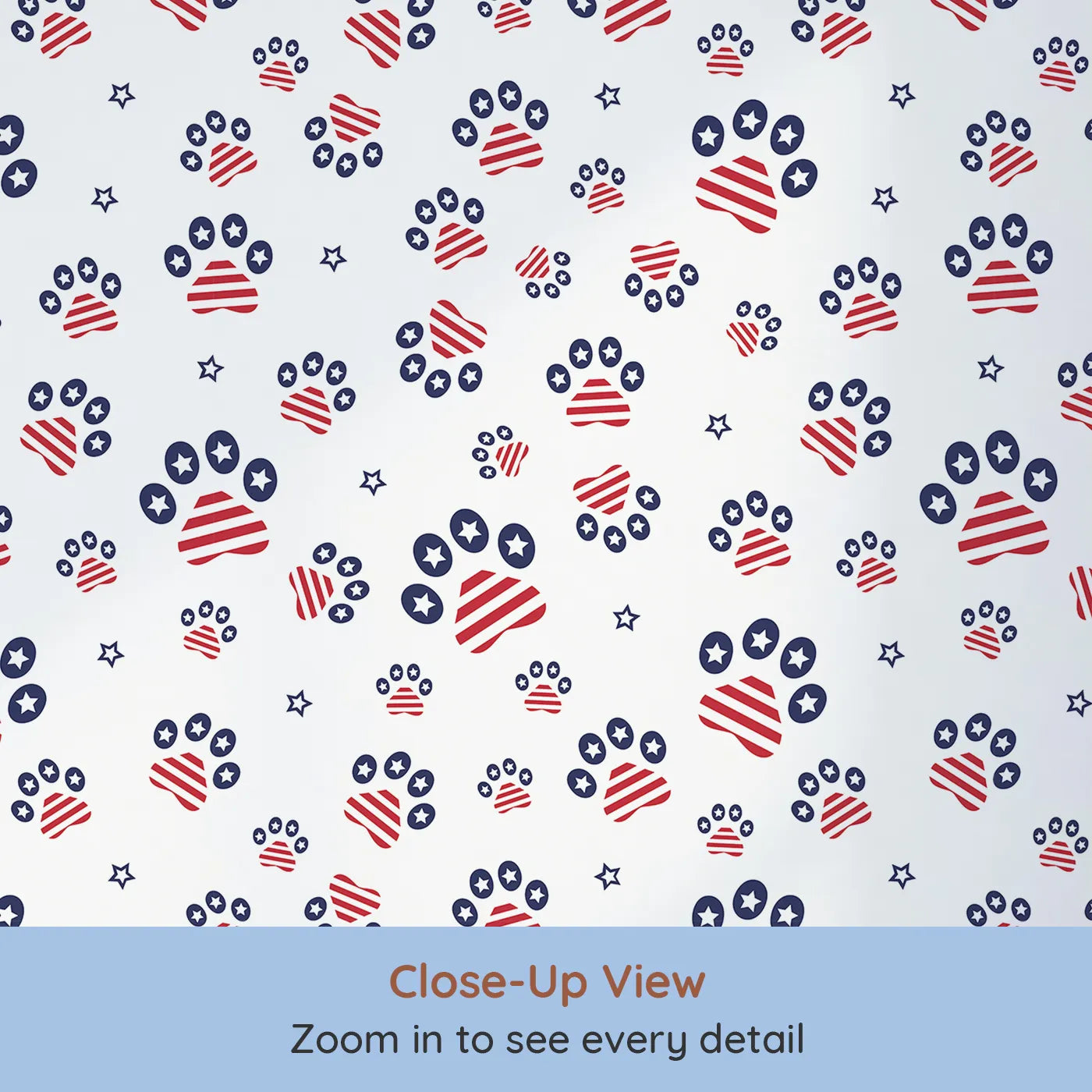 Close-up view of Whimsy Tots' Patriotic Paws Parade Wallpaper (W3498).Red, white, and blue pawprints march across a cheerful sky of stars.