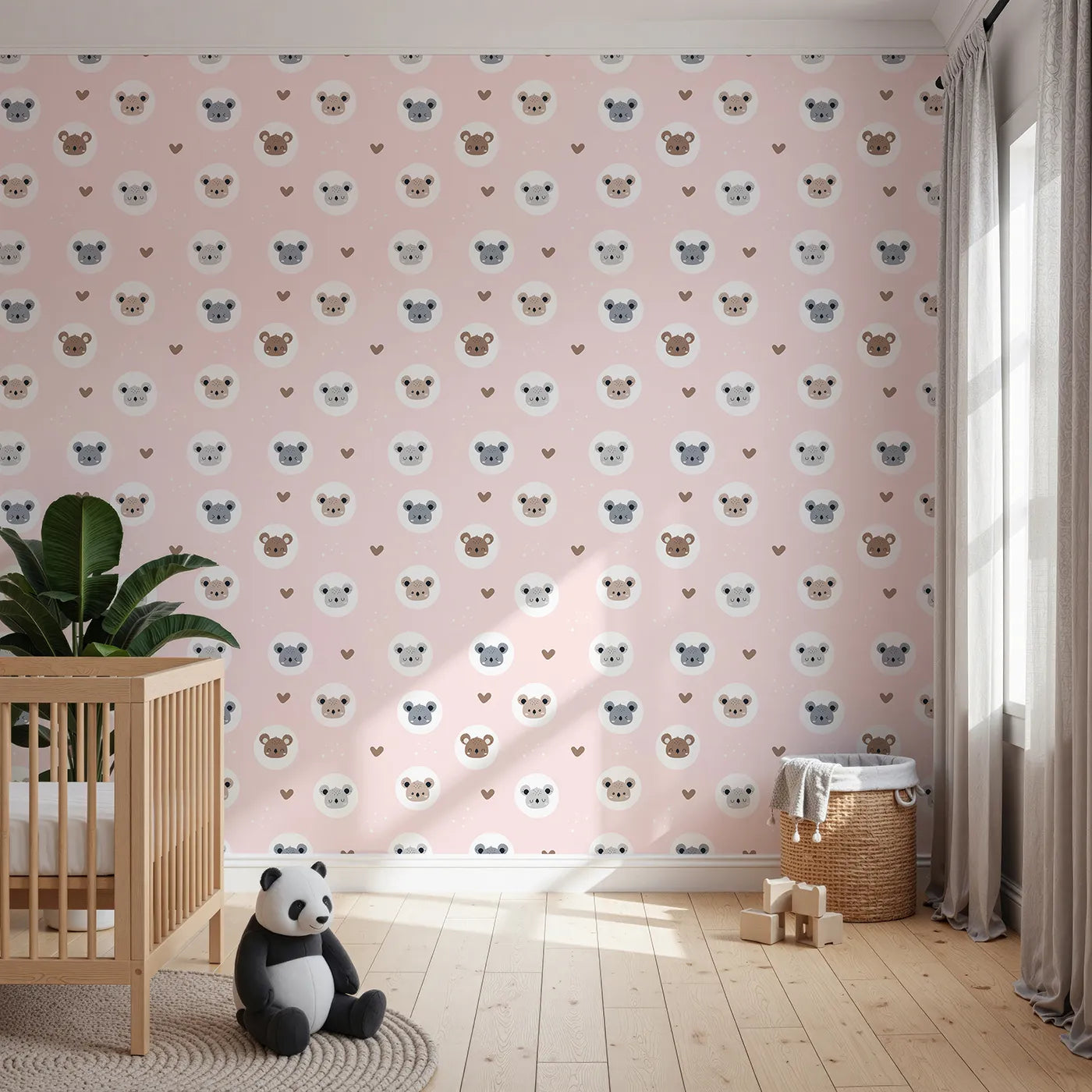Front view of Whimsy Tots' Cuddly Koala Circle Wallpaper in Blush Pink