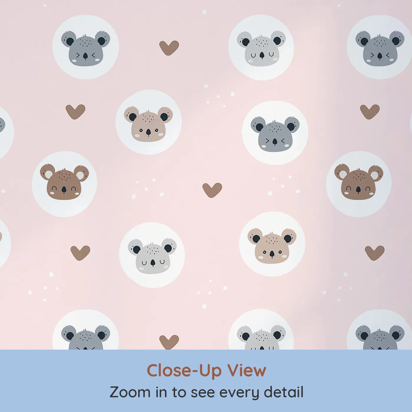 Close-up view of Whimsy Tots' Cuddly Koala Circle Wallpaper in Blush Pink (W3500A).Sweet koala faces peek from soft circles on a soothing pink sky.