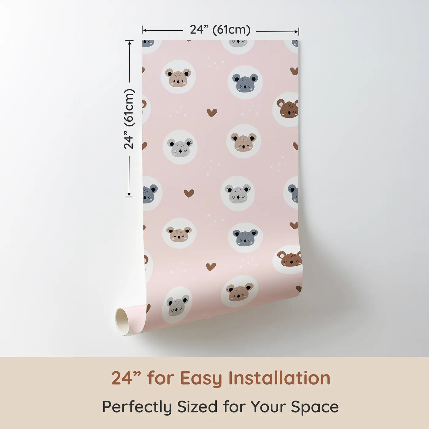 Dimension view of Whimsy Tots Cuddly Koala Circle Wallpaper in Blush Pink (W3500A). Printed in 24-inch-wide panel for easy installation. Sweet koala faces peek from soft circles on a soothing pink sky.