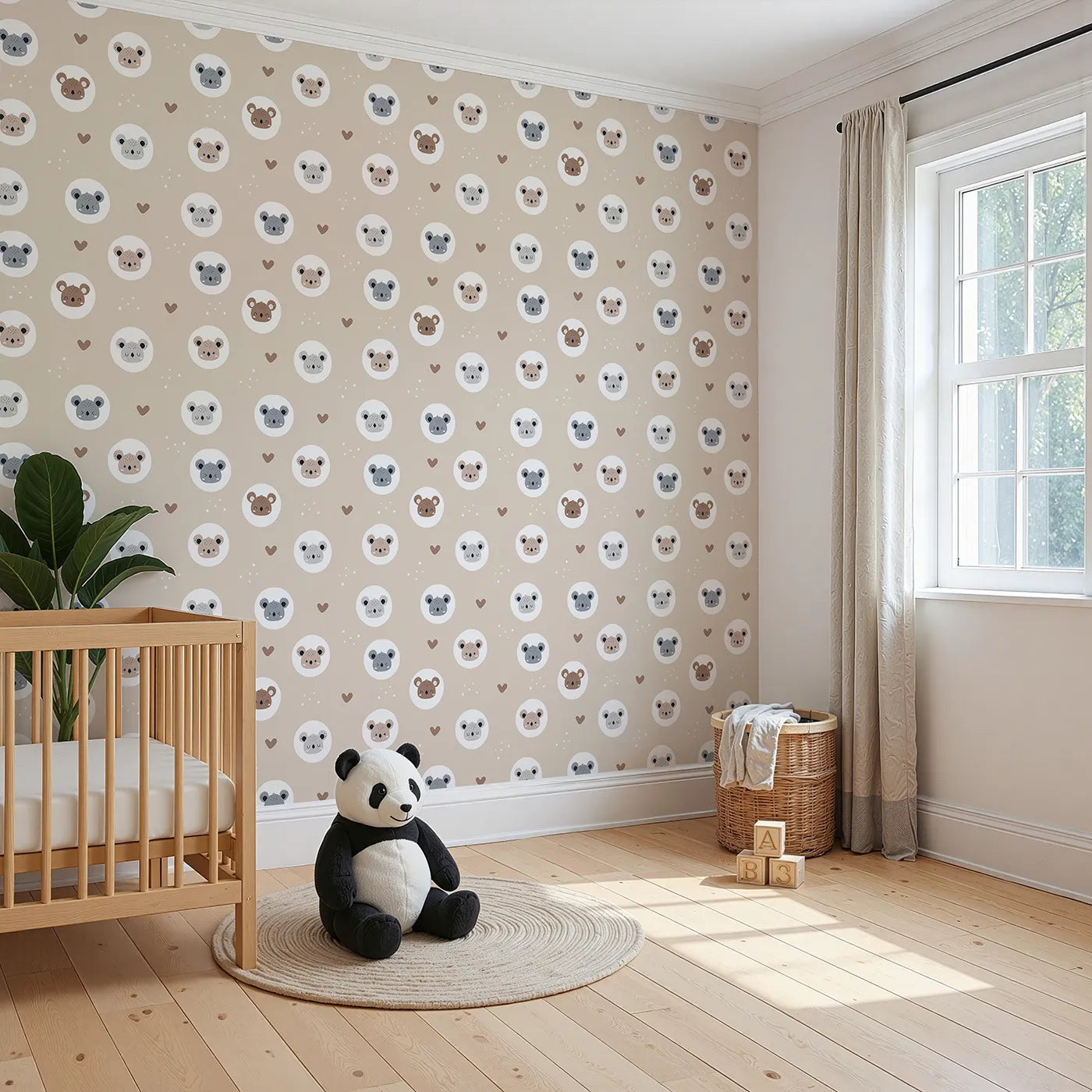 Angled view of Whimsy Tots' Cuddly Koala Circle Wallpaper in Soft Beige (W3500B).Gentle koala faces rest in white circles across a cozy beige sky.