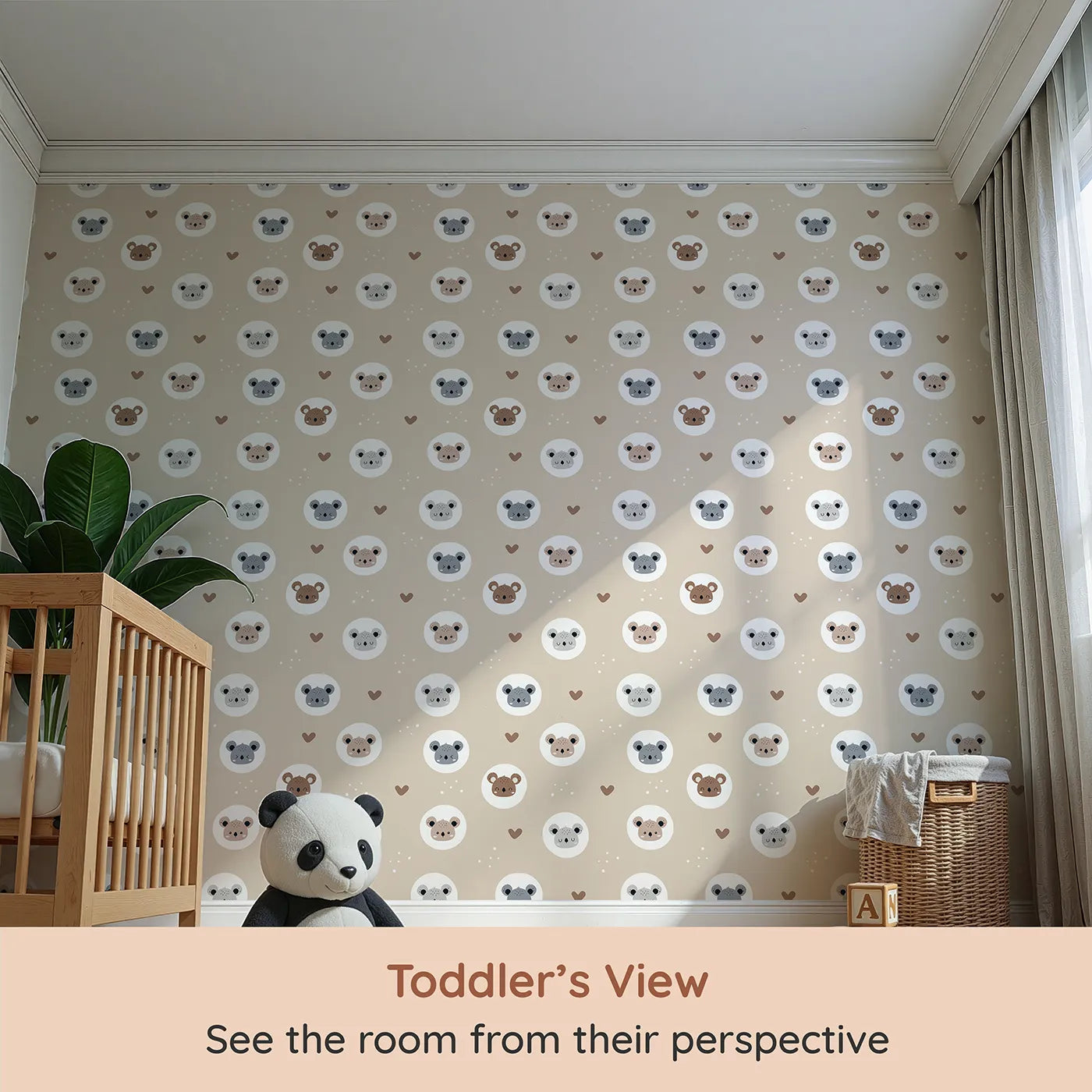 Whimsy Tots Cuddly Koala Circle Wallpaper in Soft Beige (W3500B) from your child's view.Gentle koala faces rest in white circles across a cozy beige sky.