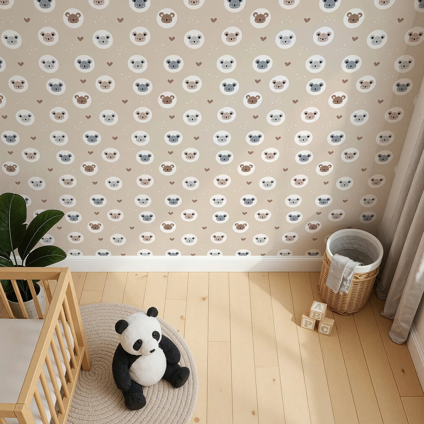 Top-Down view of Whimsy Tots' Cuddly Koala Circle Wallpaper in Soft Beige (W3500B).Gentle koala faces rest in white circles across a cozy beige sky.