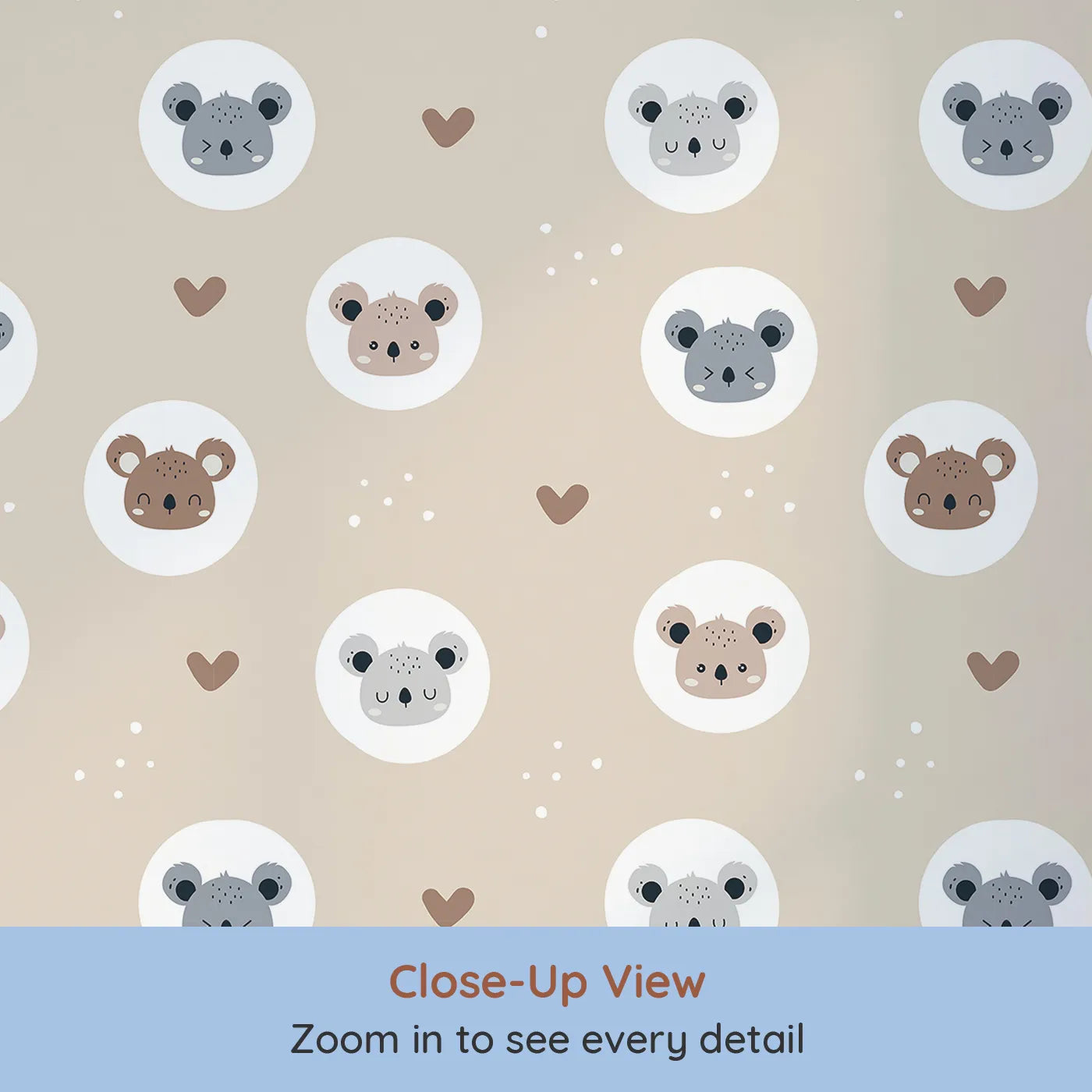 Close-up view of Whimsy Tots' Cuddly Koala Circle Wallpaper in Soft Beige (W3500B).Gentle koala faces rest in white circles across a cozy beige sky.