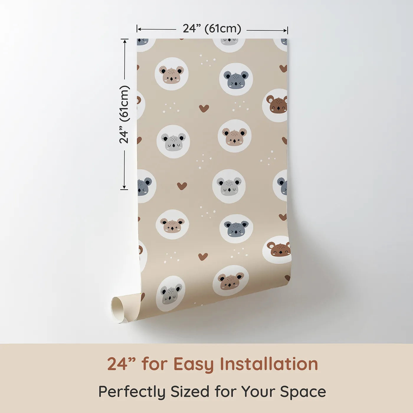 Dimension view of Whimsy Tots Cuddly Koala Circle Wallpaper in Soft Beige (W3500B). Printed in 24-inch-wide panel for easy installation. Gentle koala faces rest in white circles across a cozy beige sky.