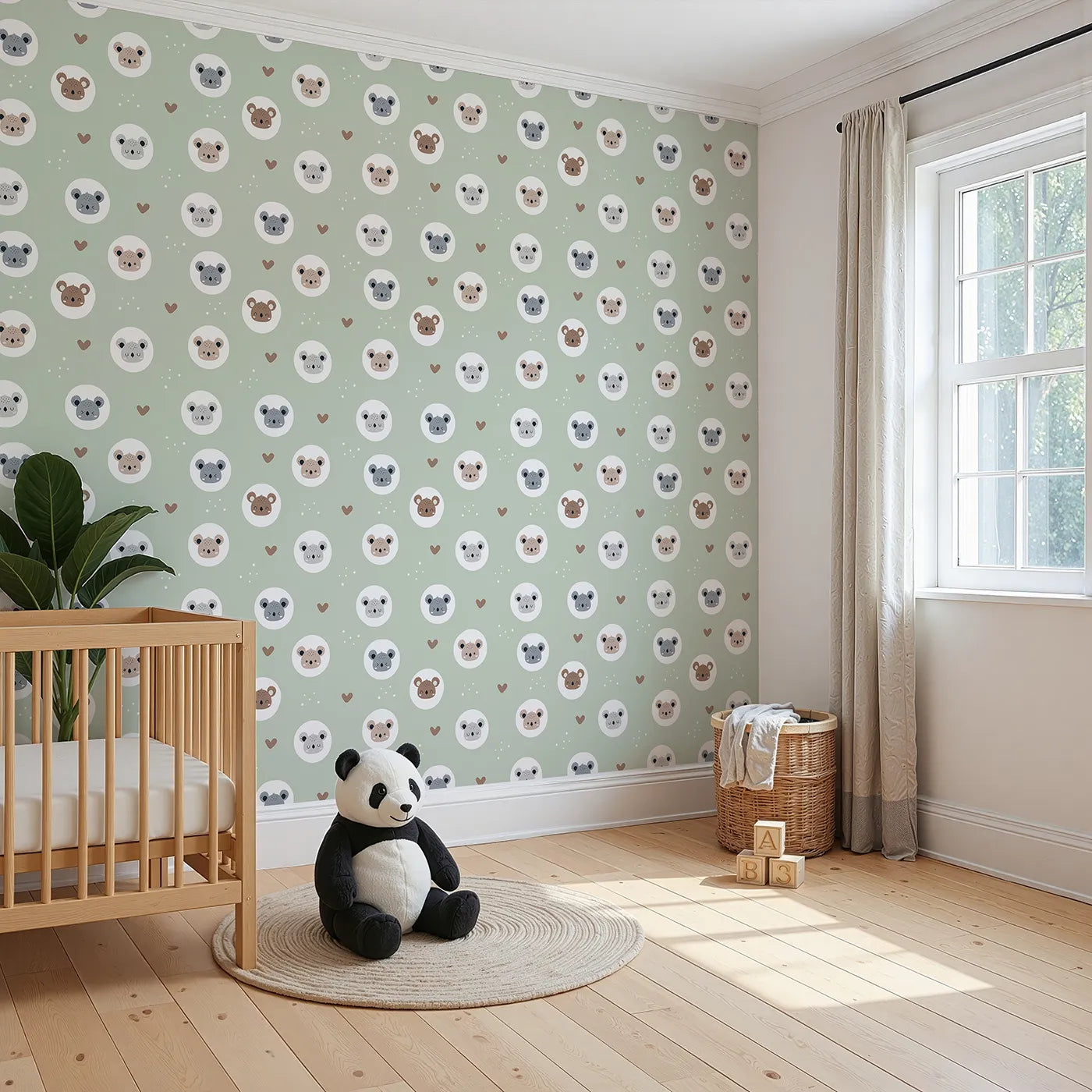Angled view of Whimsy Tots' Cuddly Koala Circle Wallpaper in Sage Green (W3500C).Smiling koala faces rest gently among soft hearts on a fresh sage green sky.