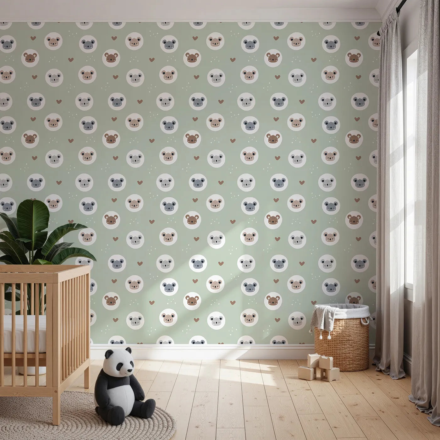 Front view of Whimsy Tots' Cuddly Koala Circle Wallpaper in Sage Green