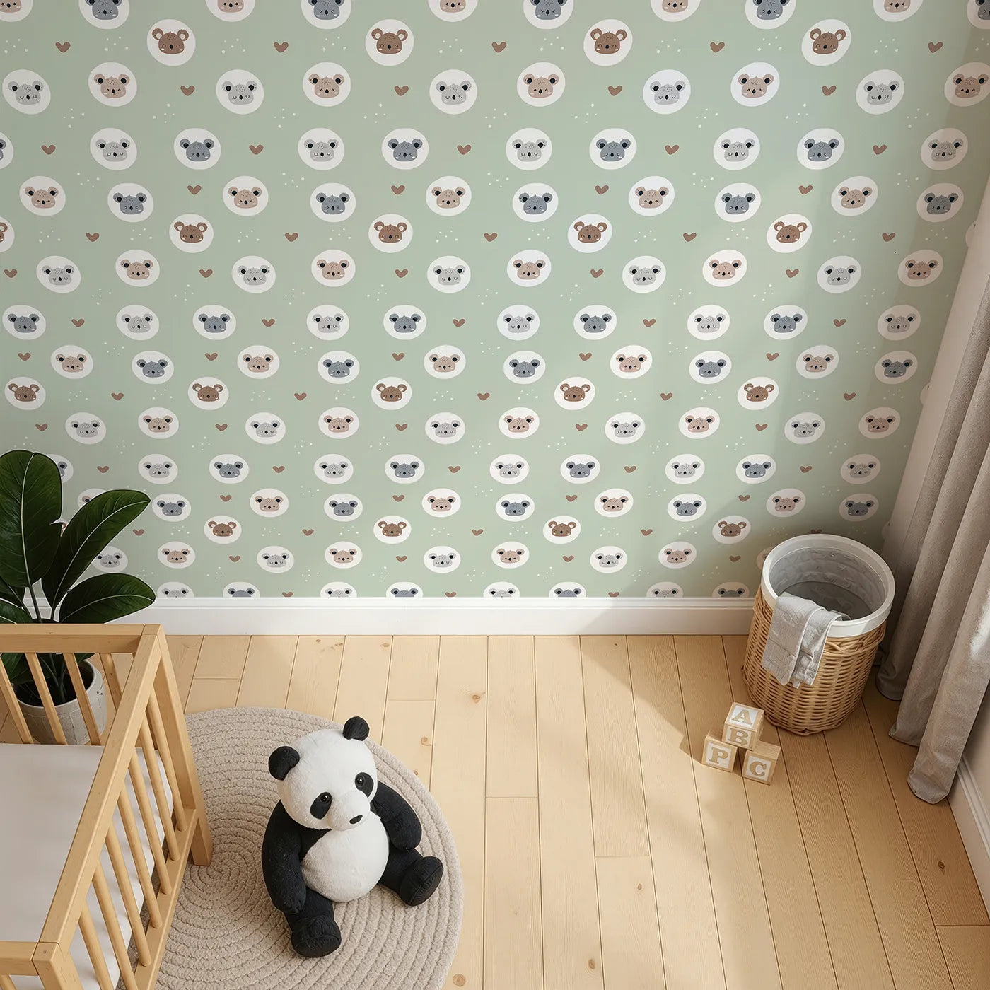 Top-Down view of Whimsy Tots' Cuddly Koala Circle Wallpaper in Sage Green (W3500C).Smiling koala faces rest gently among soft hearts on a fresh sage green sky.