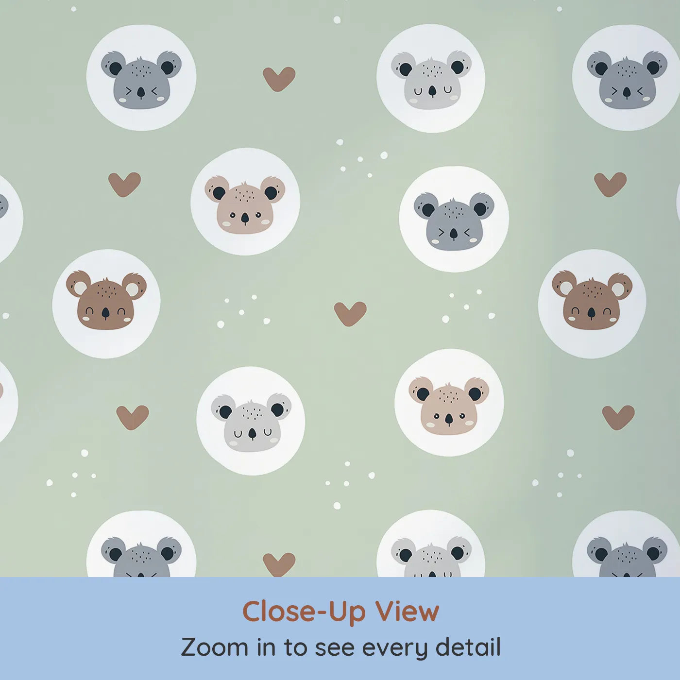 Close-up view of Whimsy Tots' Cuddly Koala Circle Wallpaper in Sage Green (W3500C).Smiling koala faces rest gently among soft hearts on a fresh sage green sky.
