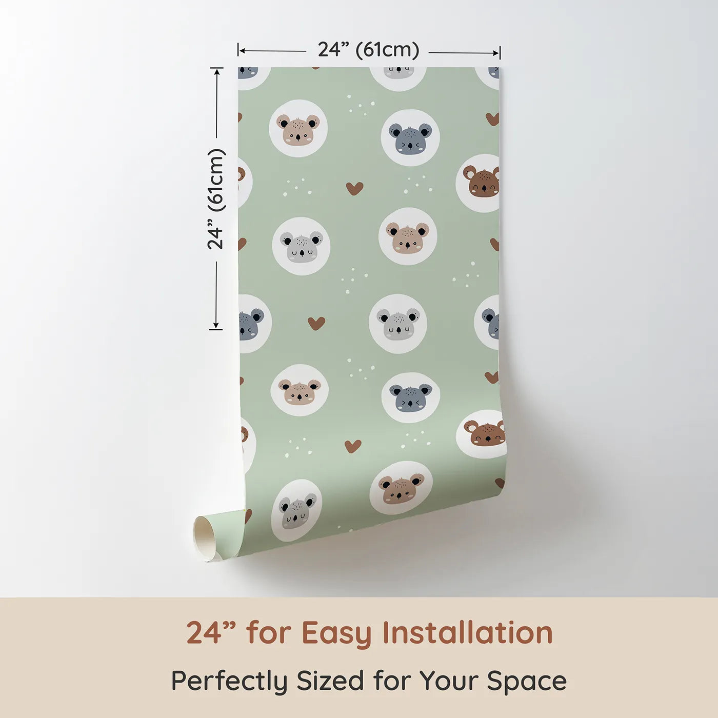 Dimension view of Whimsy Tots Cuddly Koala Circle Wallpaper in Sage Green (W3500C). Printed in 24-inch-wide panel for easy installation. Smiling koala faces rest gently among soft hearts on a fresh sage green sky.
