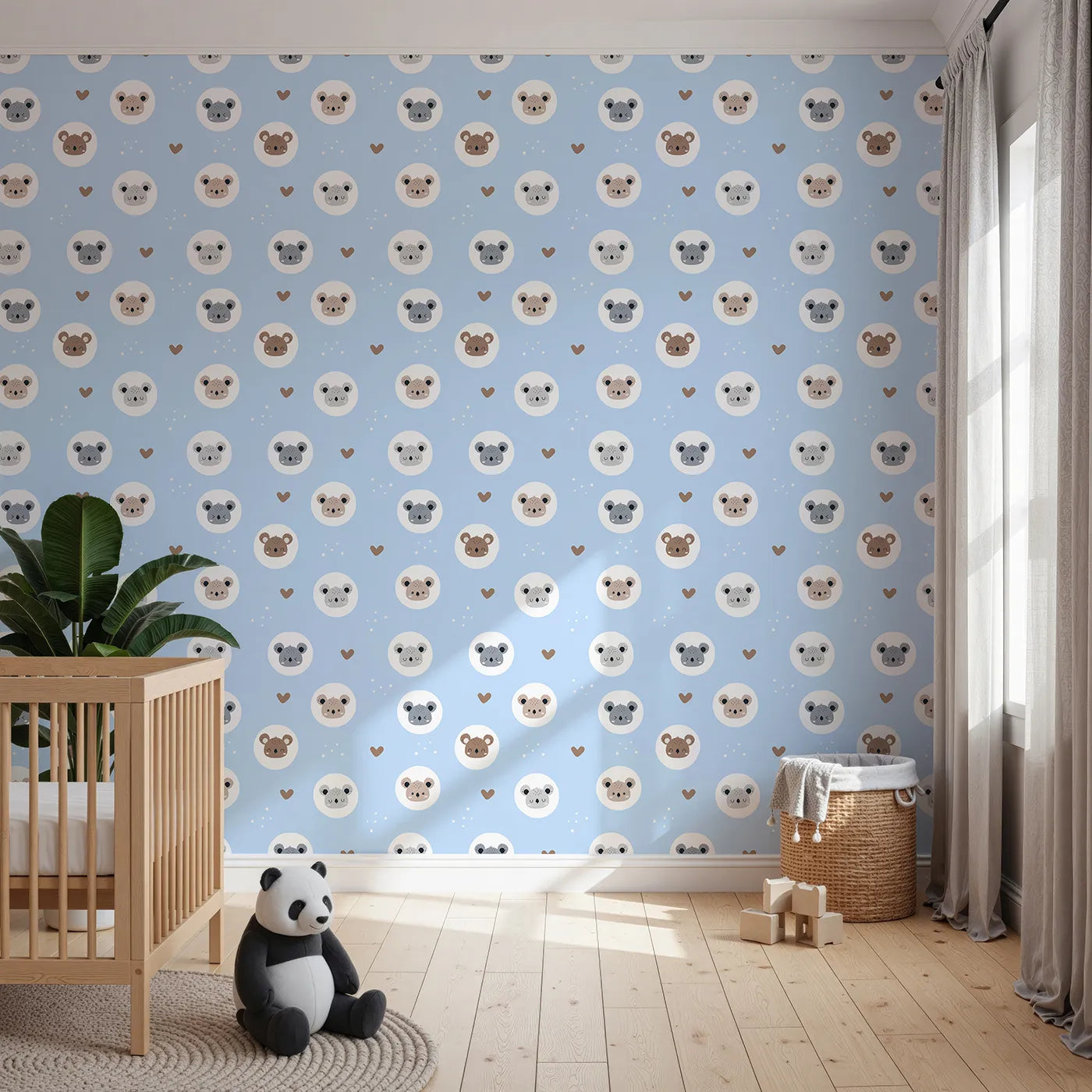 Front view of Whimsy Tots' Cuddly Koala Circle Wallpaper in Sky Blue