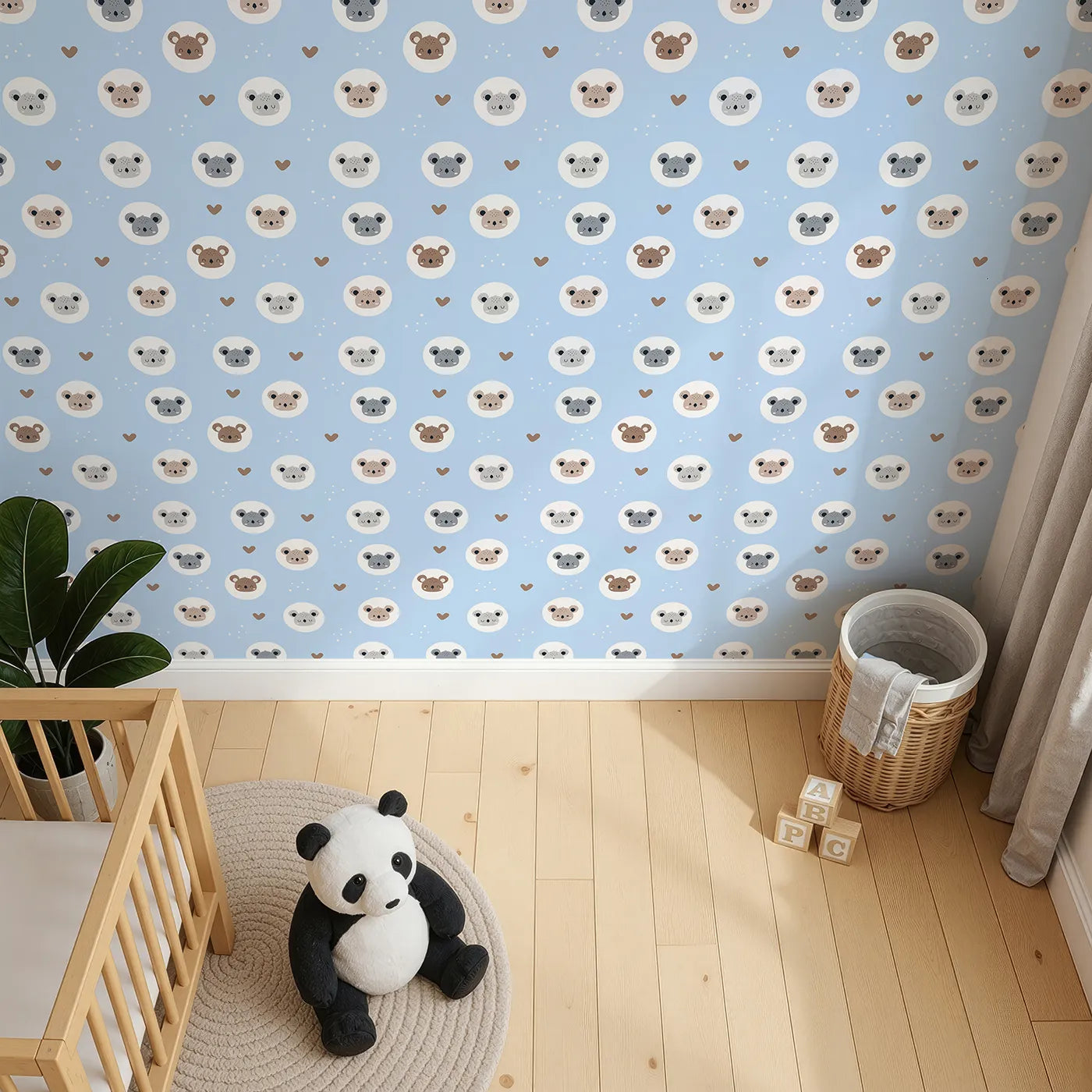Top-Down view of Whimsy Tots' Cuddly Koala Circle Wallpaper in Sky Blue (W3500D).Koalas drift on circles of softness in a playful sky blue scene.