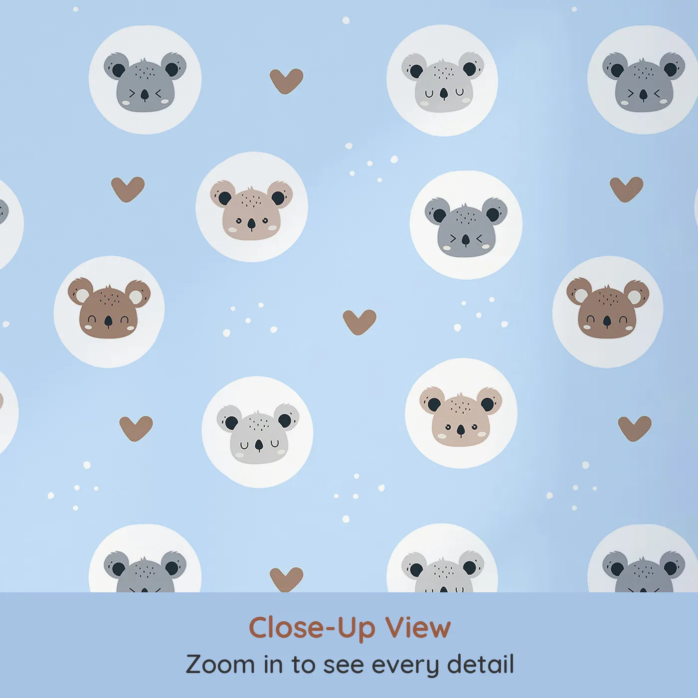 Close-up view of Whimsy Tots' Cuddly Koala Circle Wallpaper in Sky Blue (W3500D).Koalas drift on circles of softness in a playful sky blue scene.