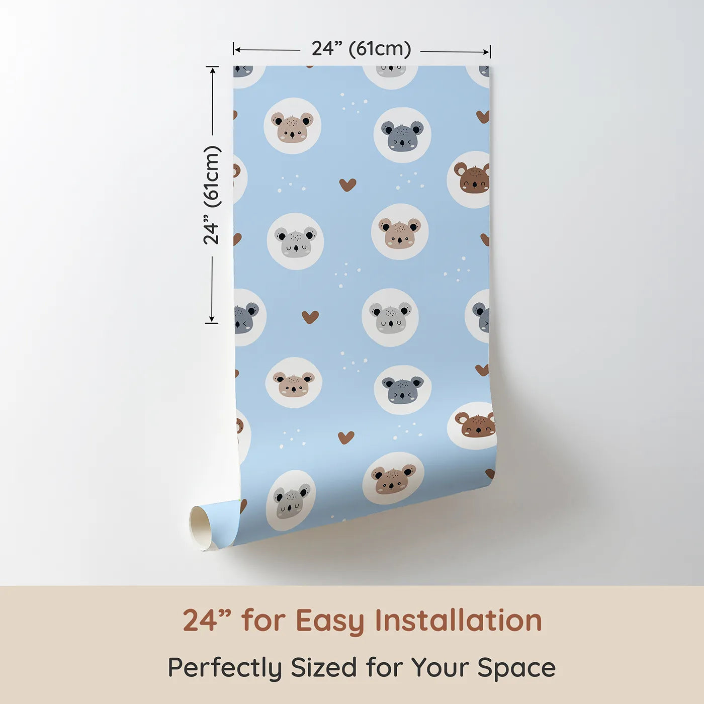 Dimension view of Whimsy Tots Cuddly Koala Circle Wallpaper in Sky Blue (W3500D). Printed in 24-inch-wide panel for easy installation. Koalas drift on circles of softness in a playful sky blue scene.