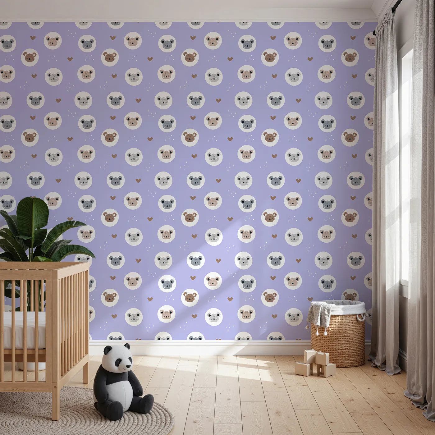 Front view of Whimsy Tots' Cuddly Koala Circle Wallpaper in Lavender Mist