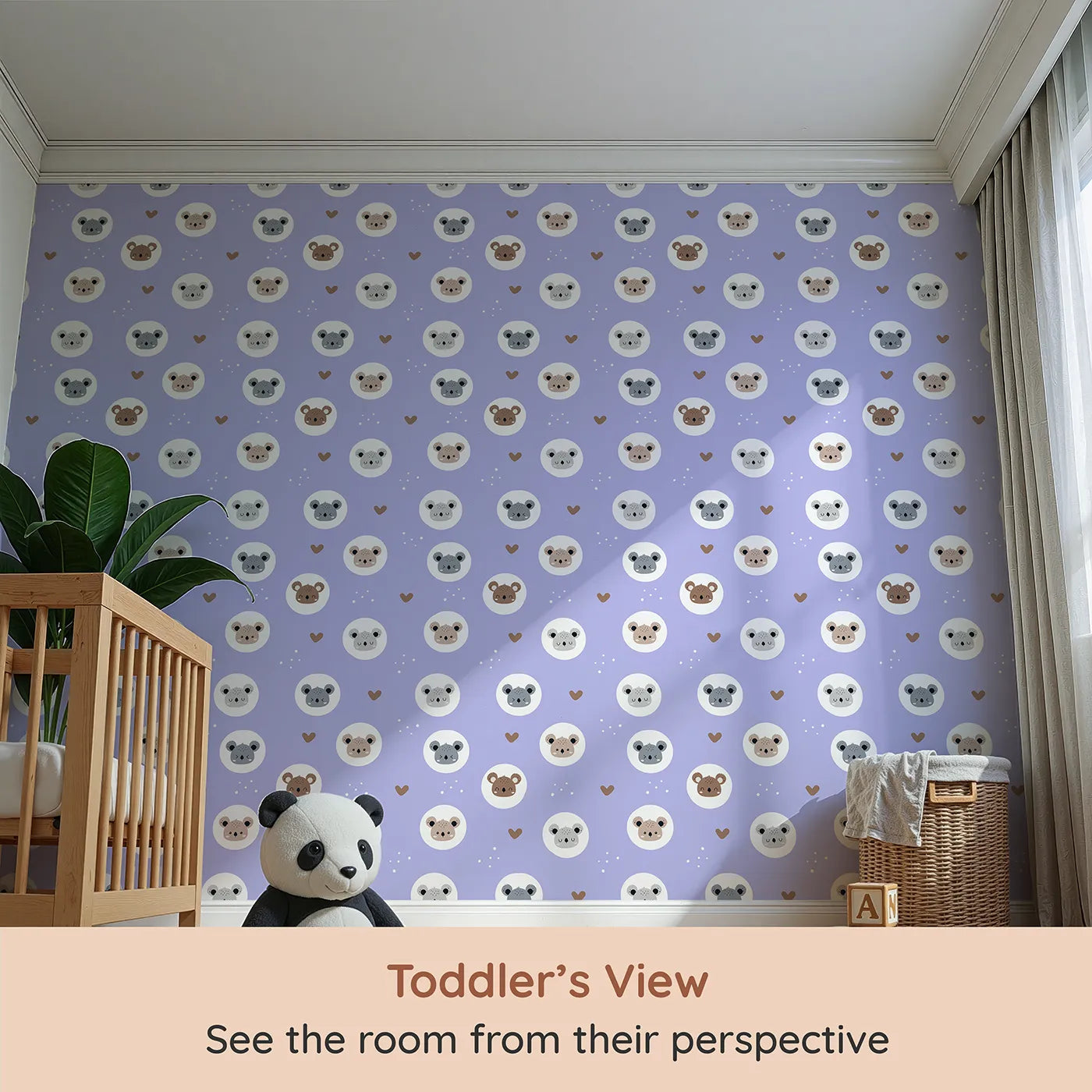 Whimsy Tots Cuddly Koala Circle Wallpaper in Lavender Mist (W3500E) from your child's view.Koala faces smile and snooze on a soft purple sky of floating love.