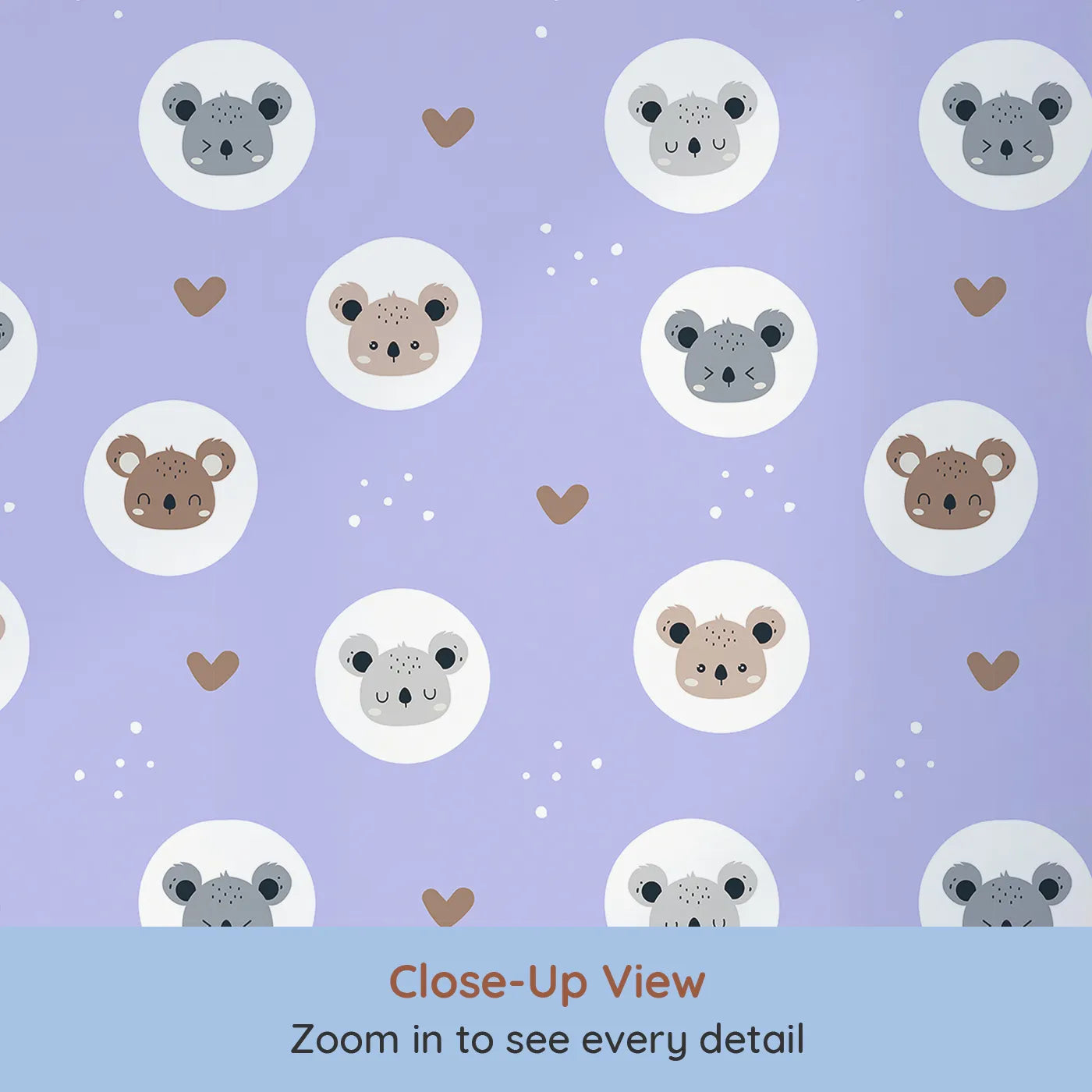 Close-up view of Whimsy Tots' Cuddly Koala Circle Wallpaper in Lavender Mist (W3500E).Koala faces smile and snooze on a soft purple sky of floating love.